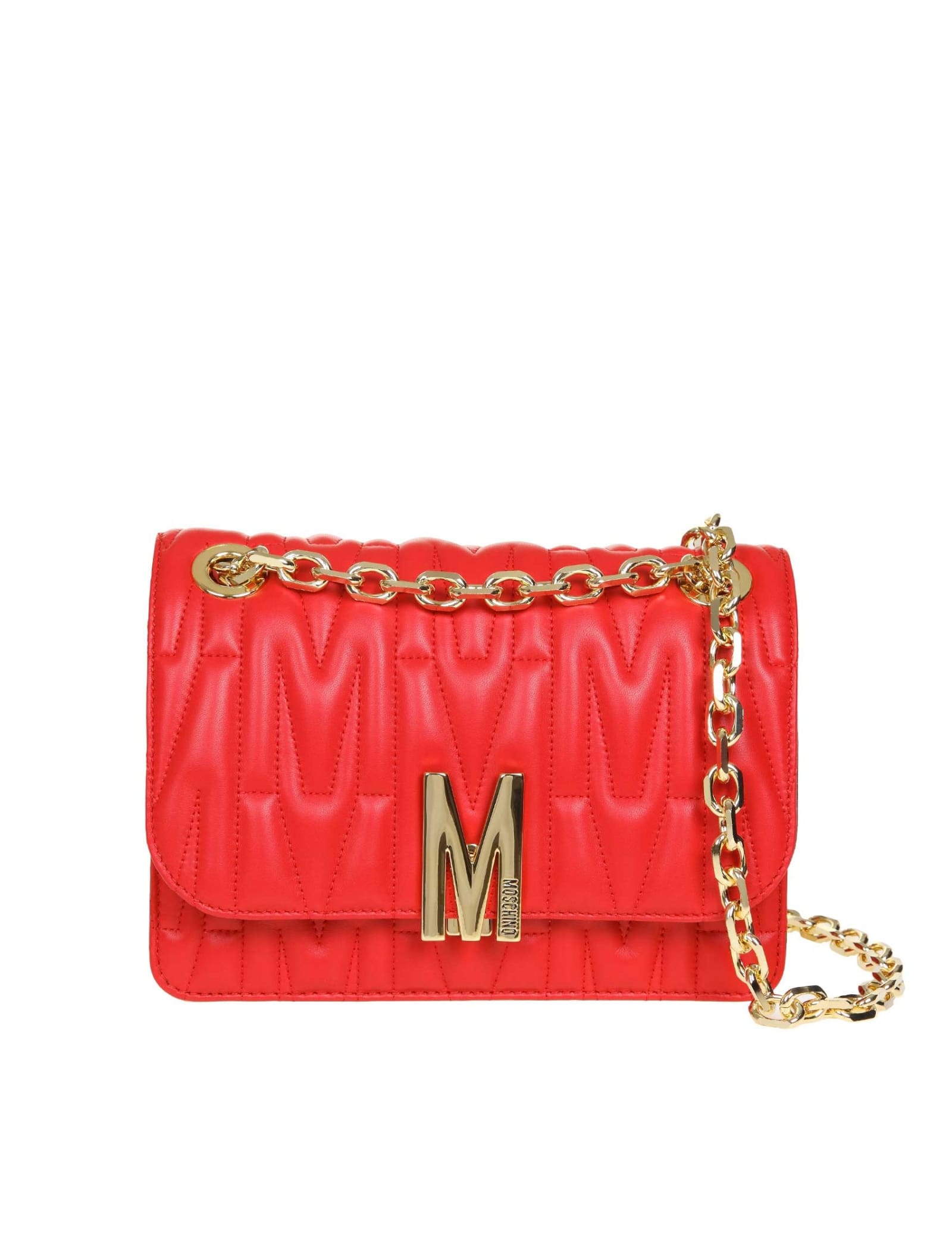 MOSCHINO M QUILTED CROSSBODY BAG IN RED QUILTED LEATHER,11232418