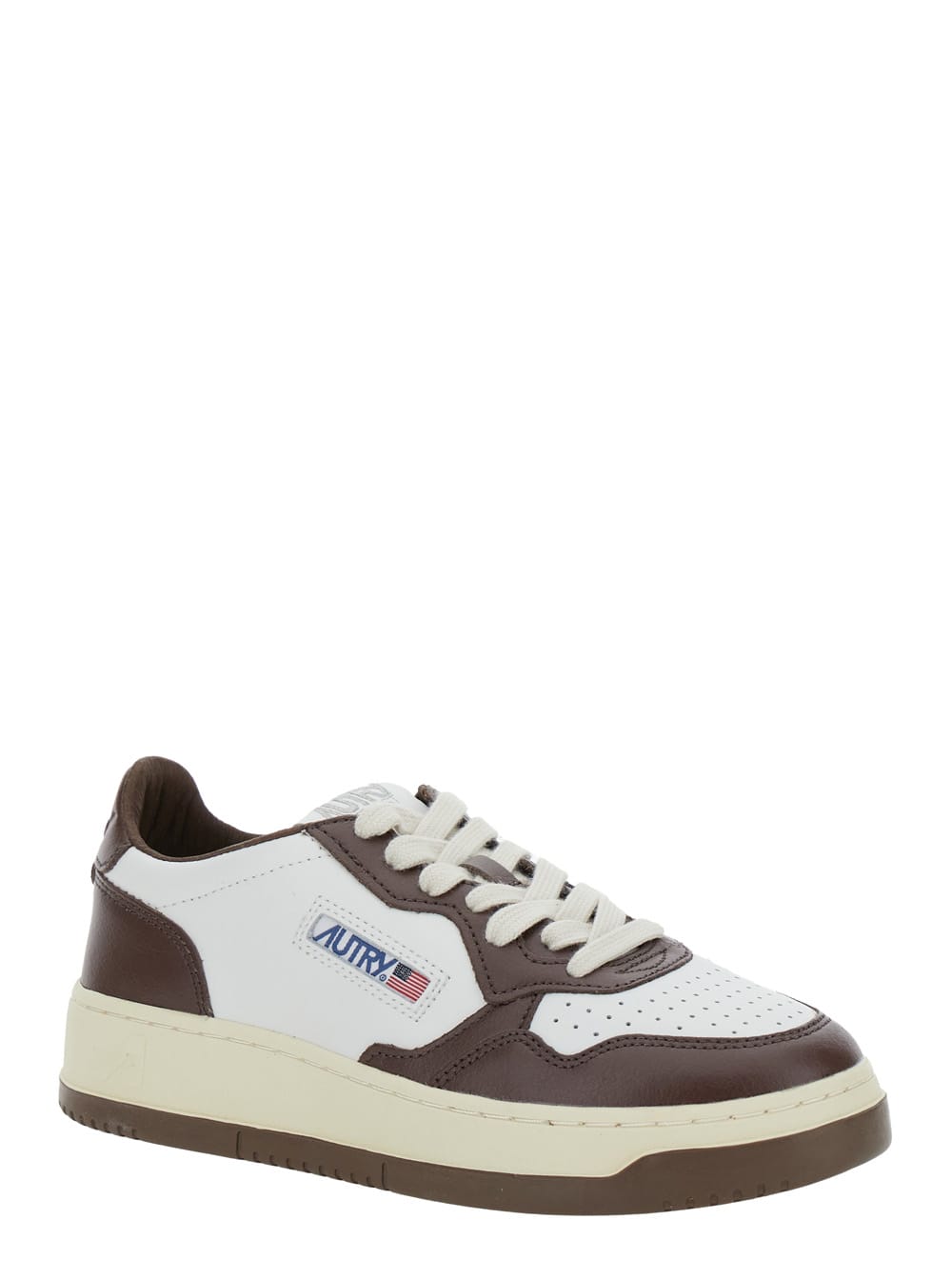 Shop Autry Medalist Low White And Brown Low Top Sneakers With Logo Patch In Leather Woman