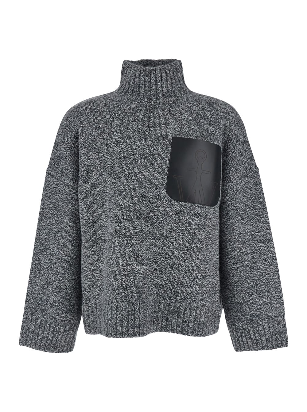 Jw Anderson Grey Sweater With High Neck And One Front Patch Leather Pocket In Wool Blend Man In Gray
