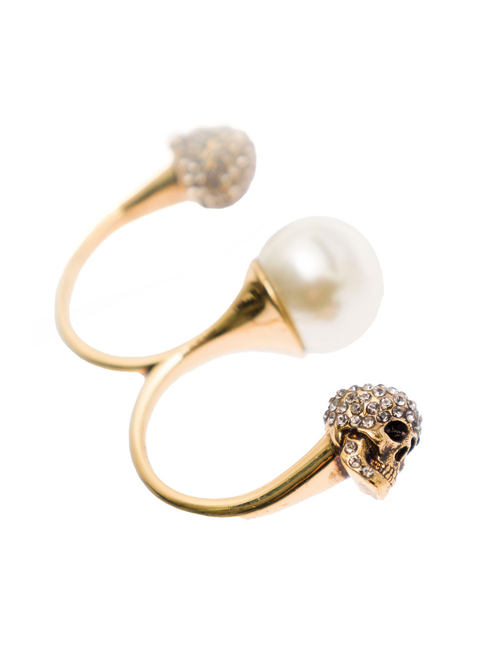 Shop Alexander Mcqueen Gold-tone Double Ring With Crystal Embellished Skulls And Pearl In Brass In Metallic