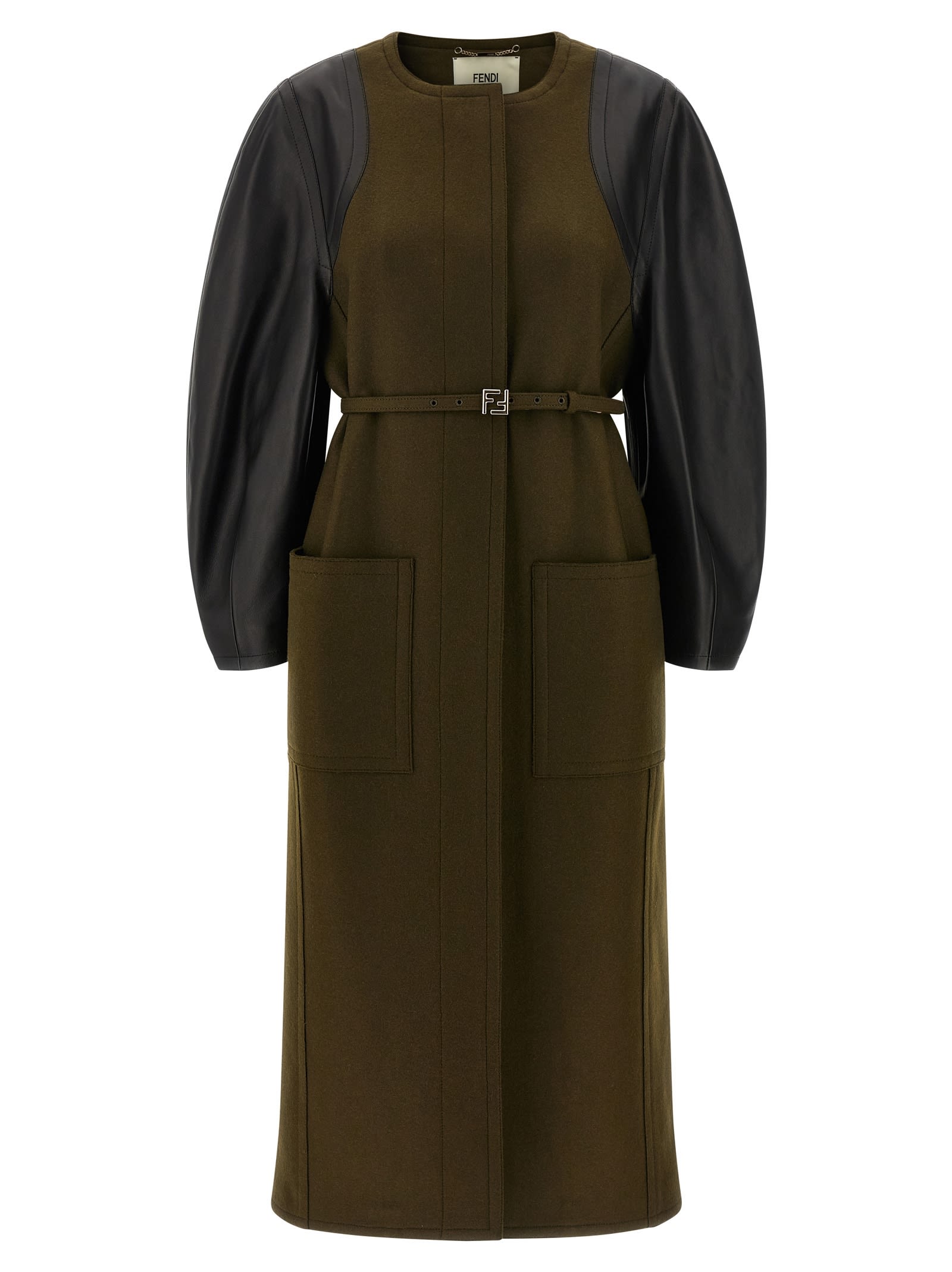 Fendi Women Green Crewneck Coat With Puffed Leather Sleeves And Belt With Ff Plaque In Wool And Visc In Green