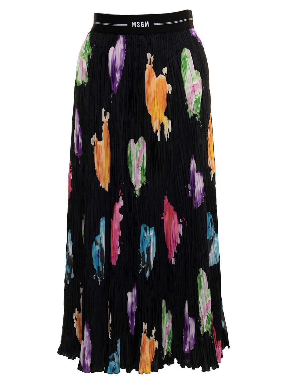 Msgm Woman Long Pleated Skirt With Heart Allover Print