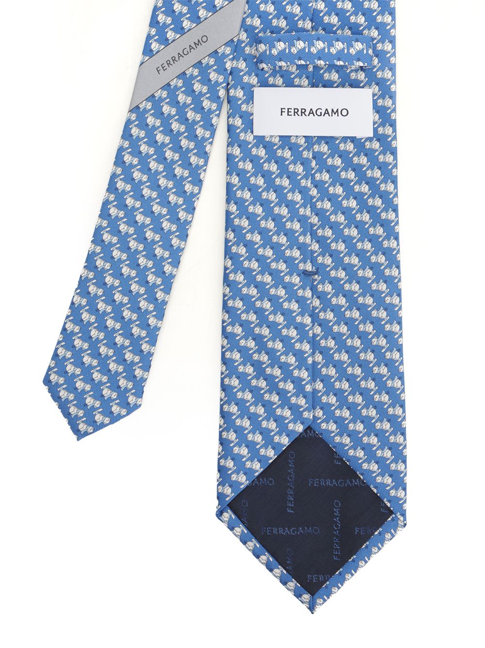 Ferragamo Skiing Bear Print Silk Tie In Blue