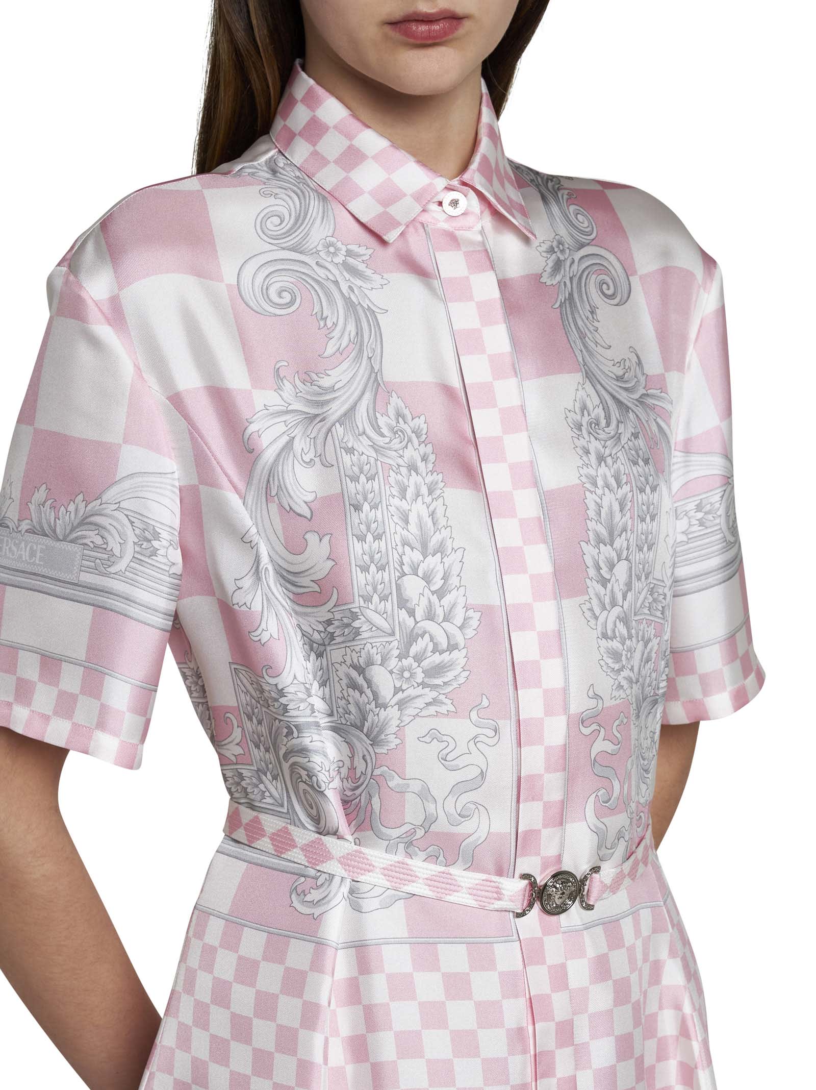 Shop Versace Dress In Pastel Pink + White + Silver