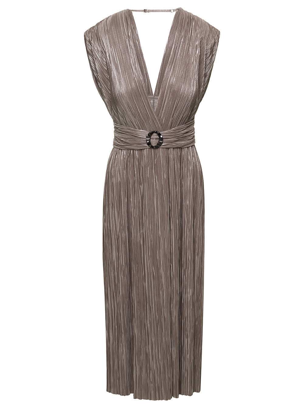 liliana Midi Beige Pleated Belted Dress In Metallic Fabric Woman