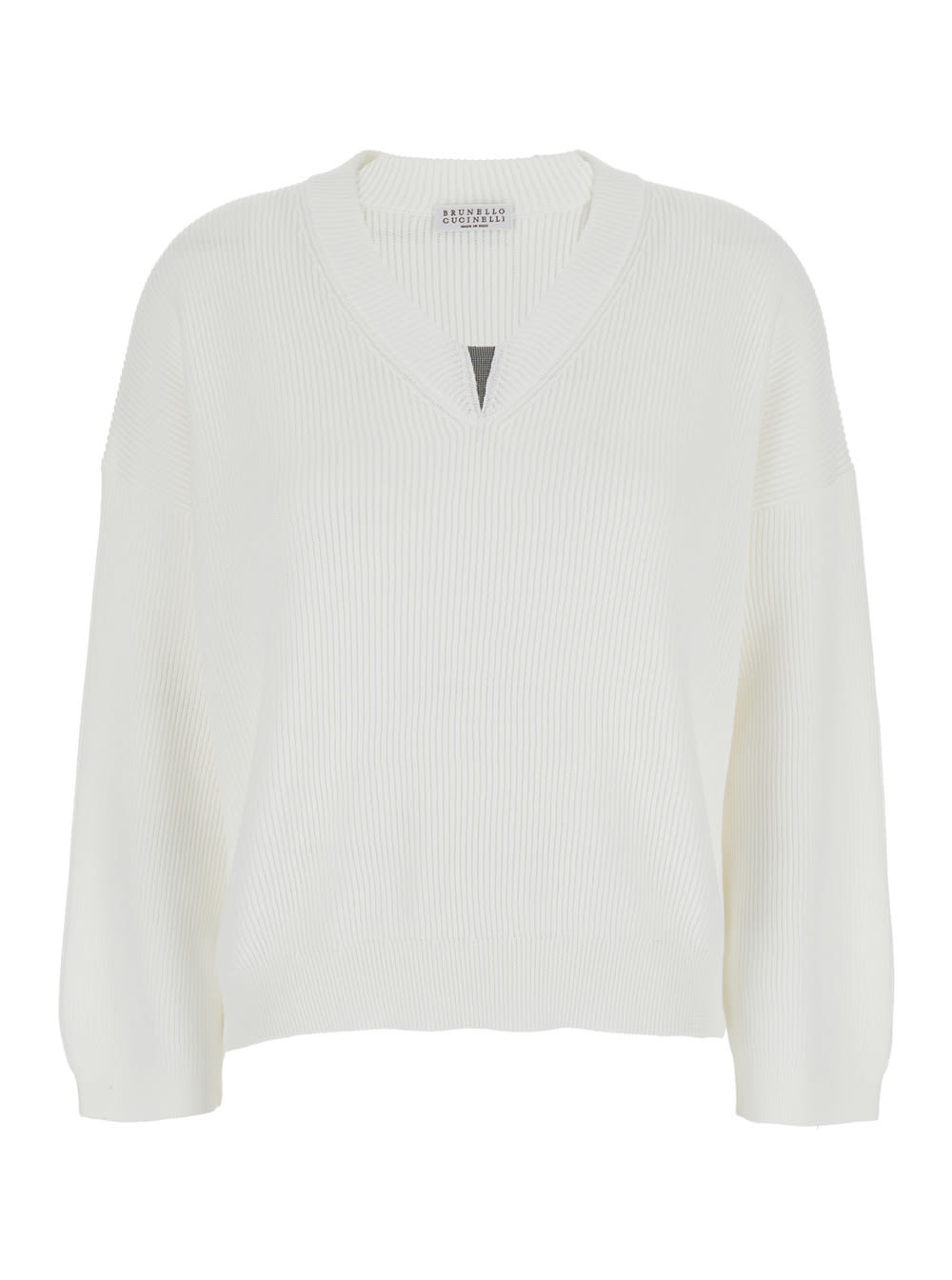 Brunello Cucinelli White Sweater With V Neck And Monile Detail On The Front In Cotton Woman