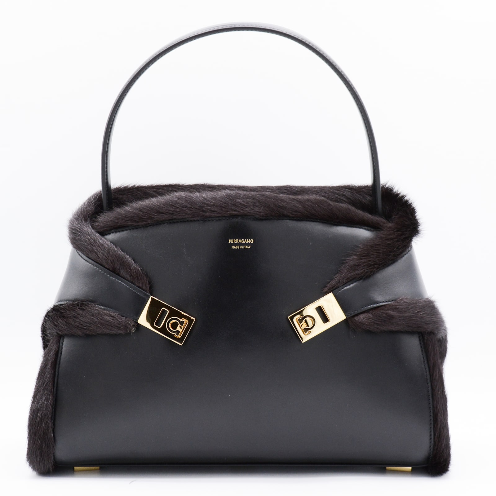 Ferragamo Hug Shearling-trimmed Leather Shoulder Bag In Black