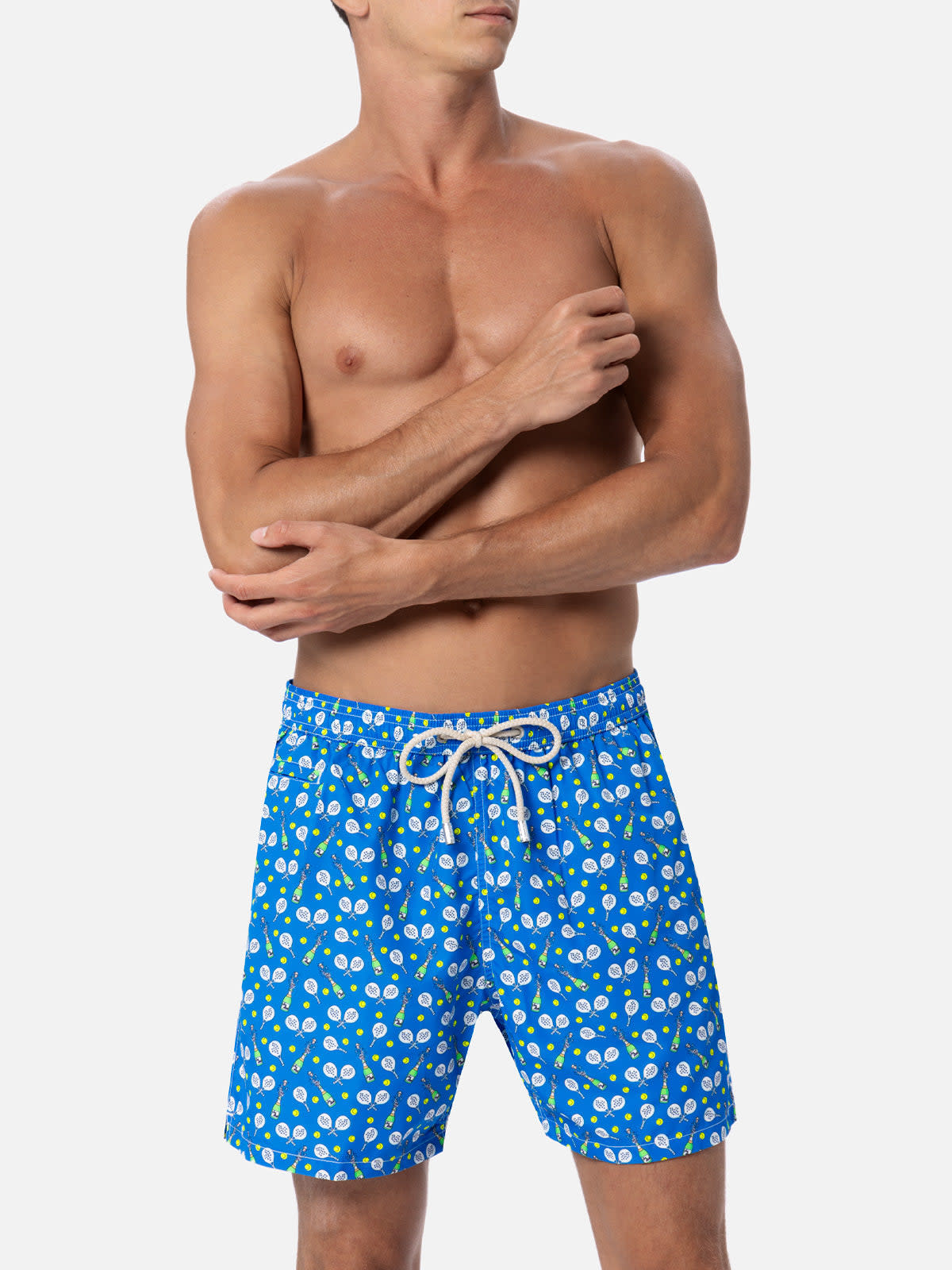 Mc2 Saint Barth Man Lightweight Fabric Swim-shorts Lighting Micro Fantasy With Padel Winner Print In Blue