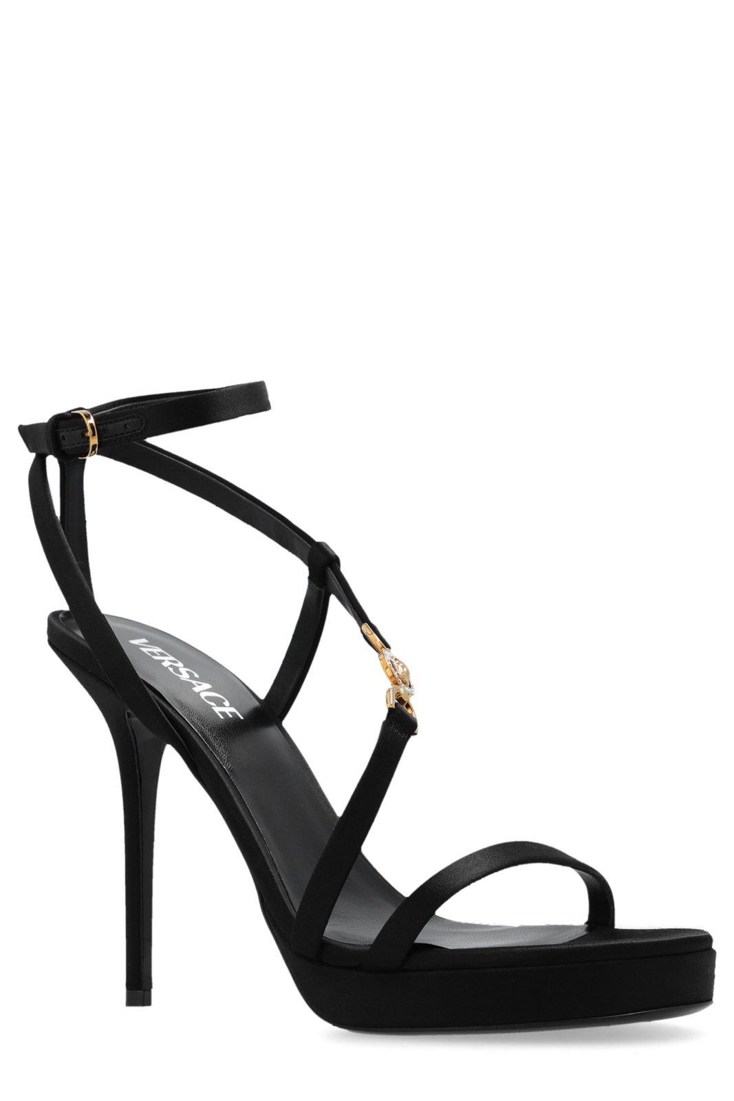 Shop Versace Medusa Embellished Satin Sandals In Black