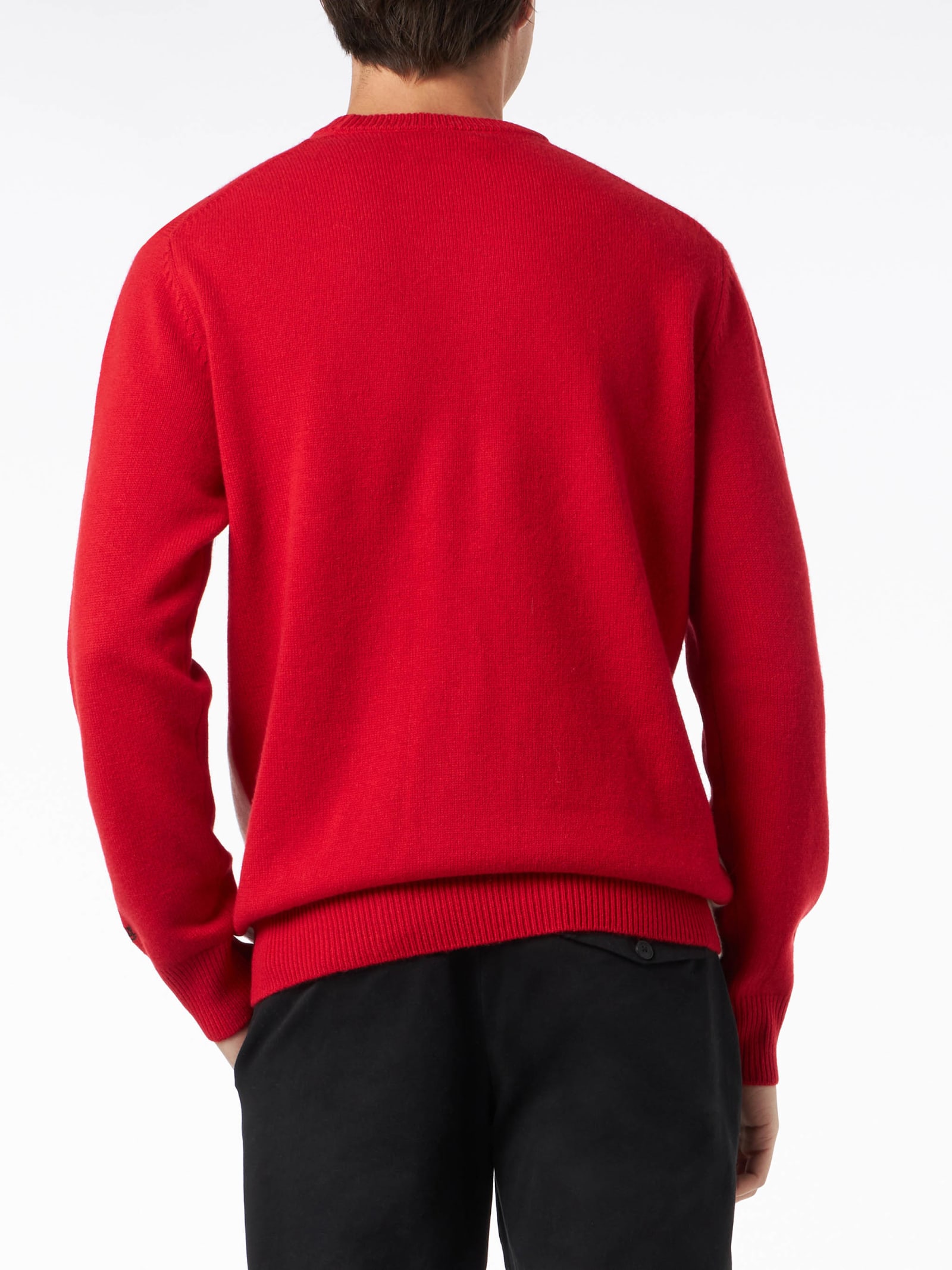 Mc2 Saint Barth Man Crewneck Sweater With Aspen Postcard Jacquard Print In Red