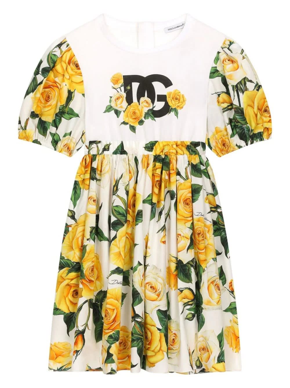 Dolce & Gabbana Kids' Jersey And Poplin Dress With Dg Logo And Yellow Rose Print