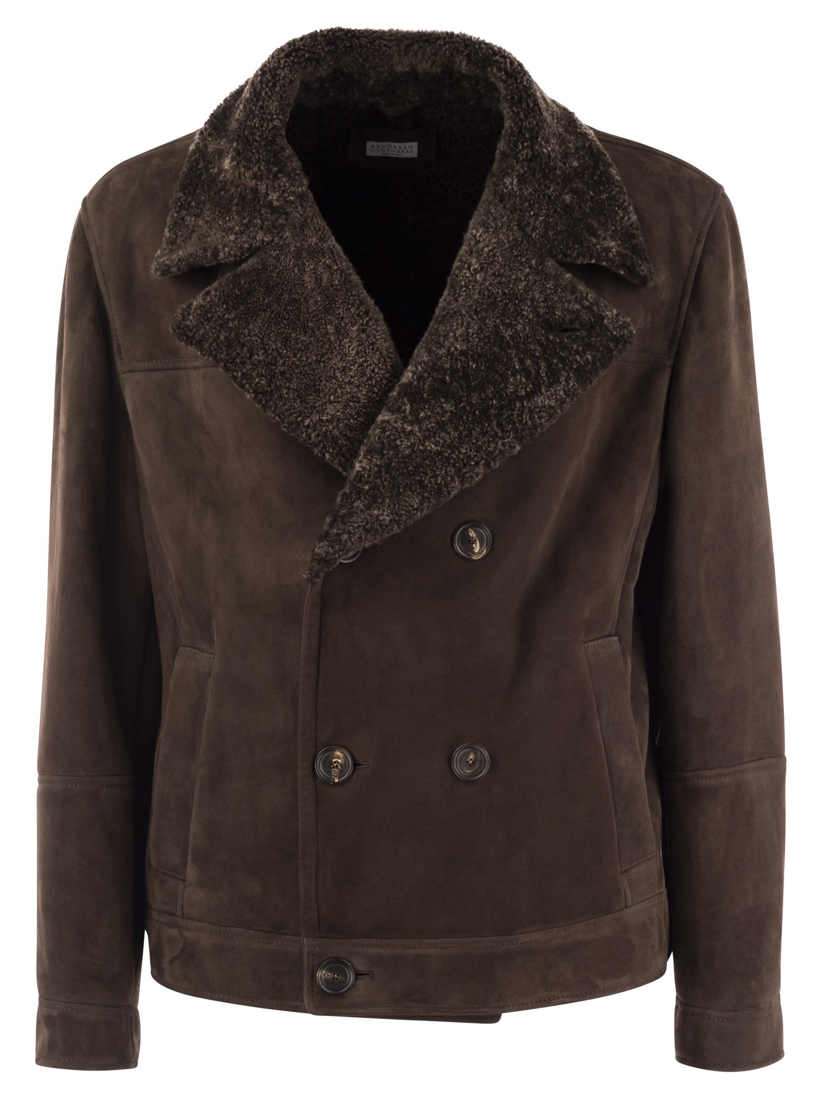 Shop Brunello Cucinelli Double-breasted Shearling Outerwear In Brown