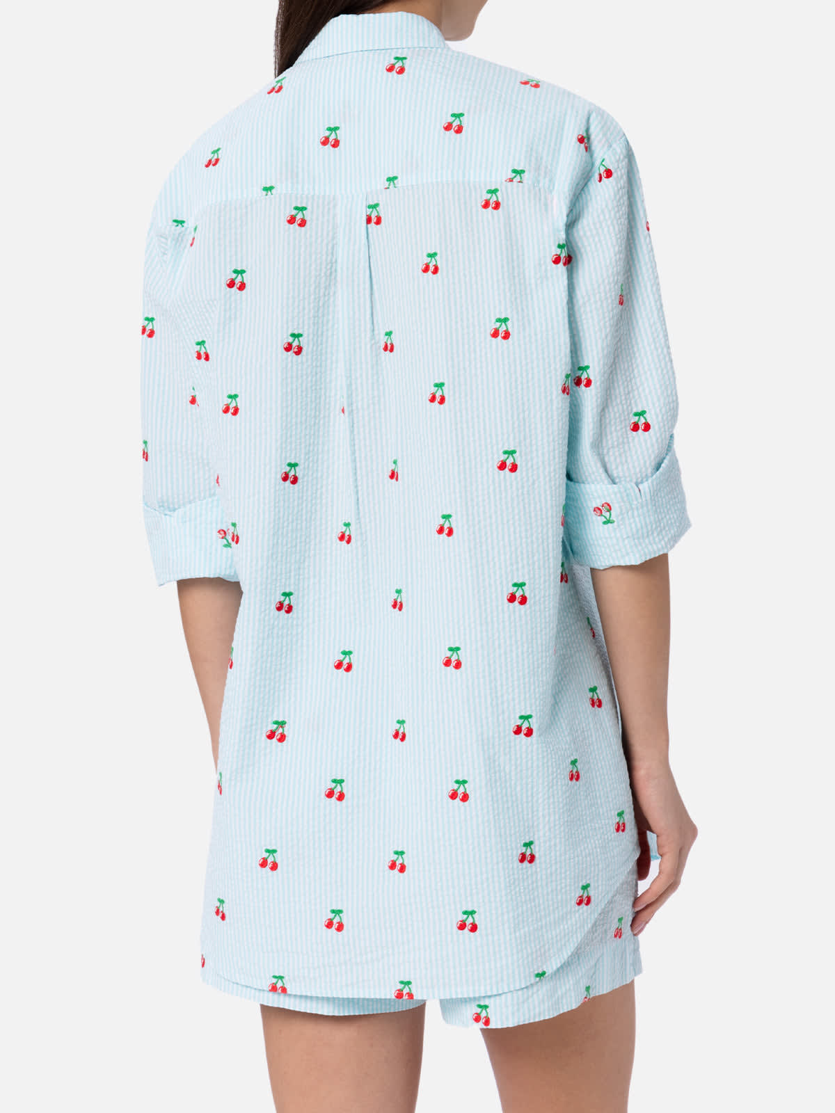 Mc2 Saint Barth Woman Seersucker Cotton Shirt Brigitte With Cherry Patches In Green
