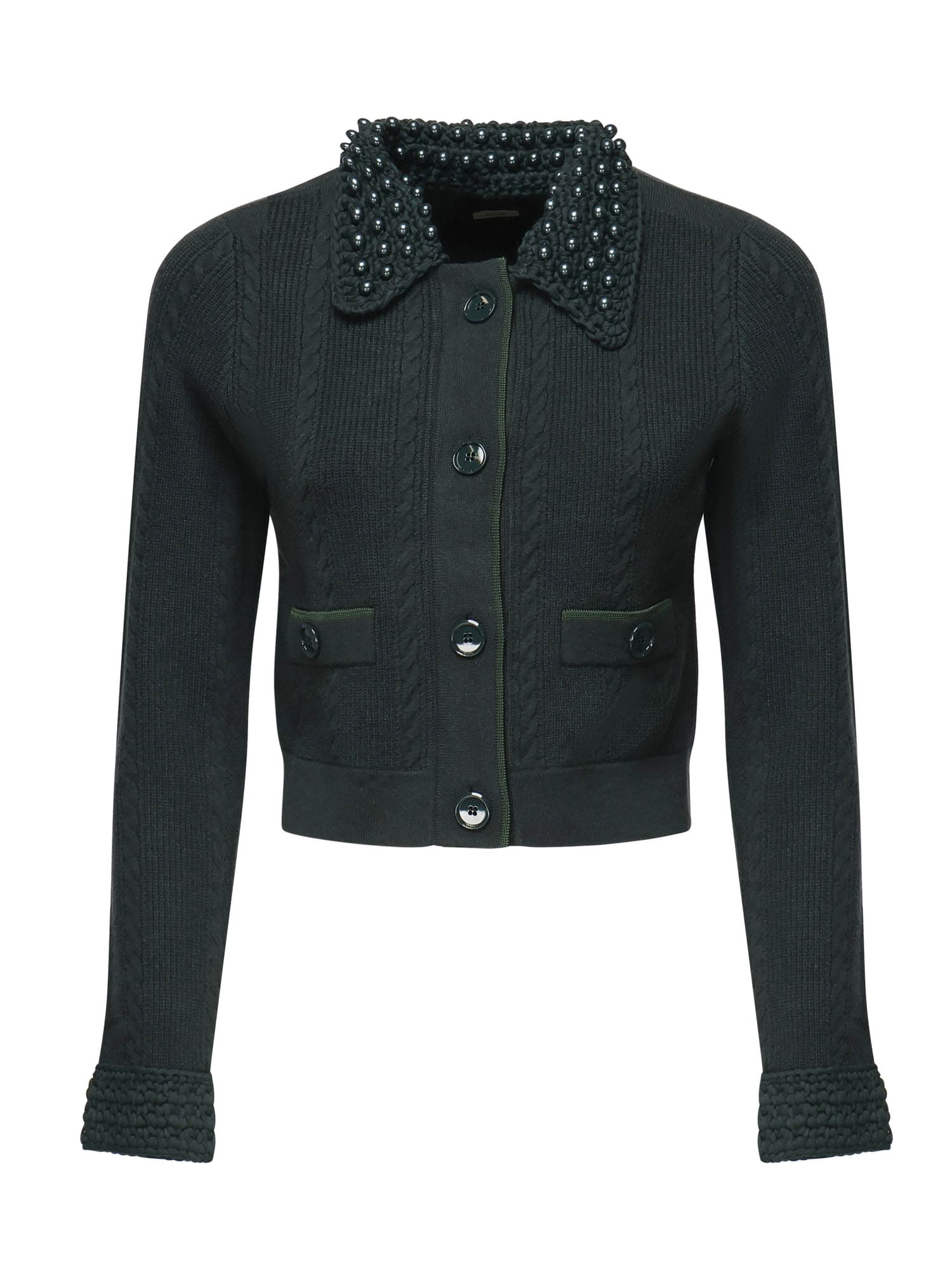 Pinko Cable-knit Pearl-embellished Cardigan In Green