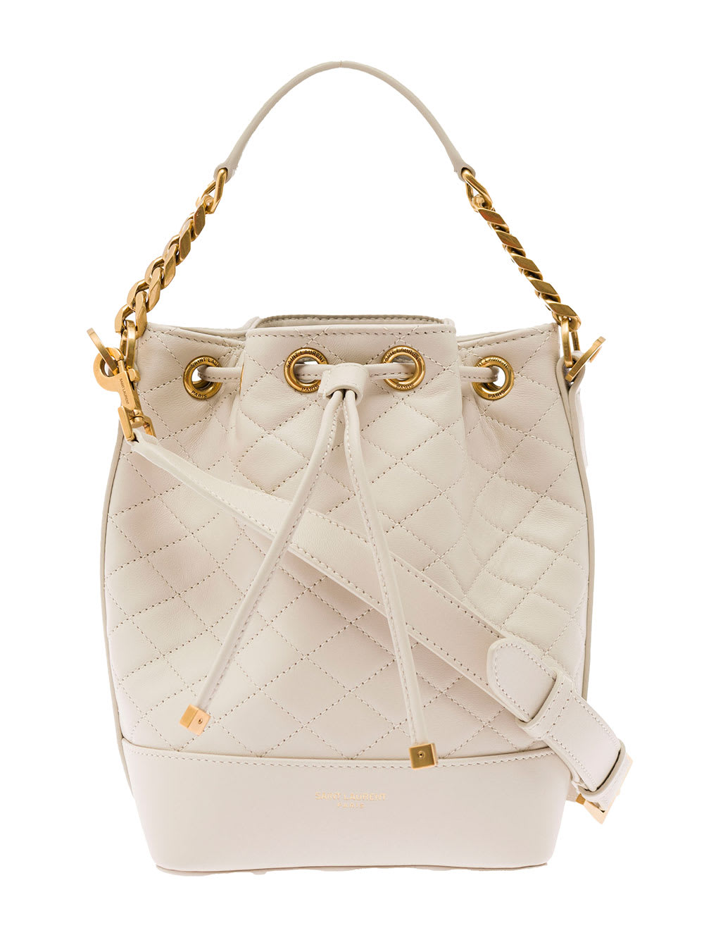 Saint Laurent Emmanuelle Ivory Colored Leather Crossbody Bucket Bag  Woman In White
