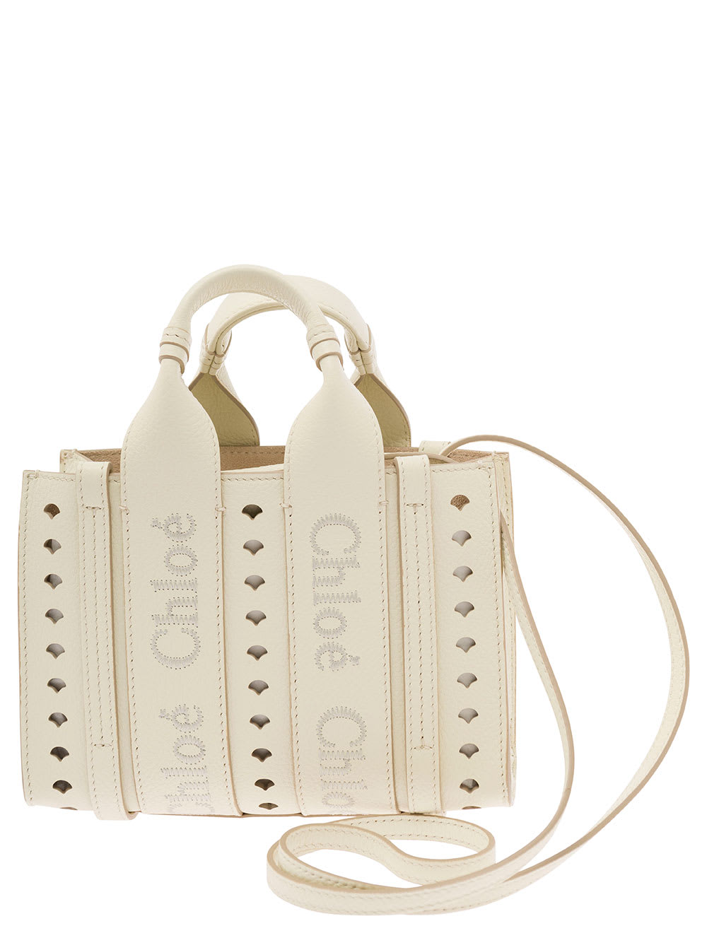 Shop Chloé Mini White Tote Bag With Logo Embroidery And Cut-out In Leather Woman