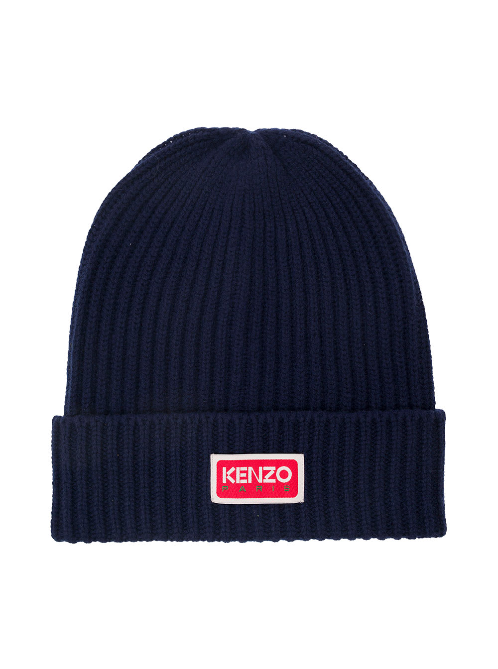Kenzo Blue Beanie With Ribbed Texture And Contrastring Logo Patch In Wool Man
