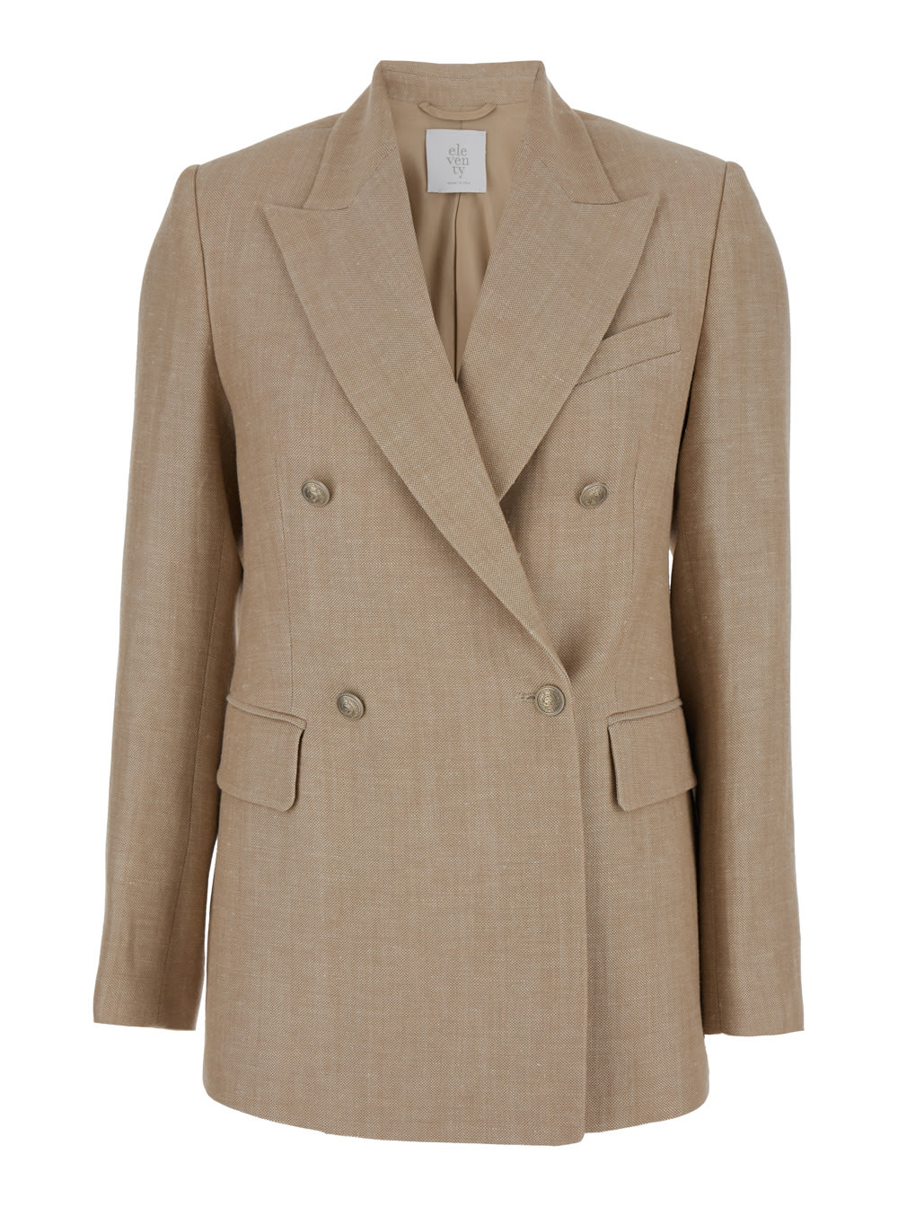 Shop Eleventy Beige Double-breasted Jacket With Jewel Buttons In Wool And Linen Woman