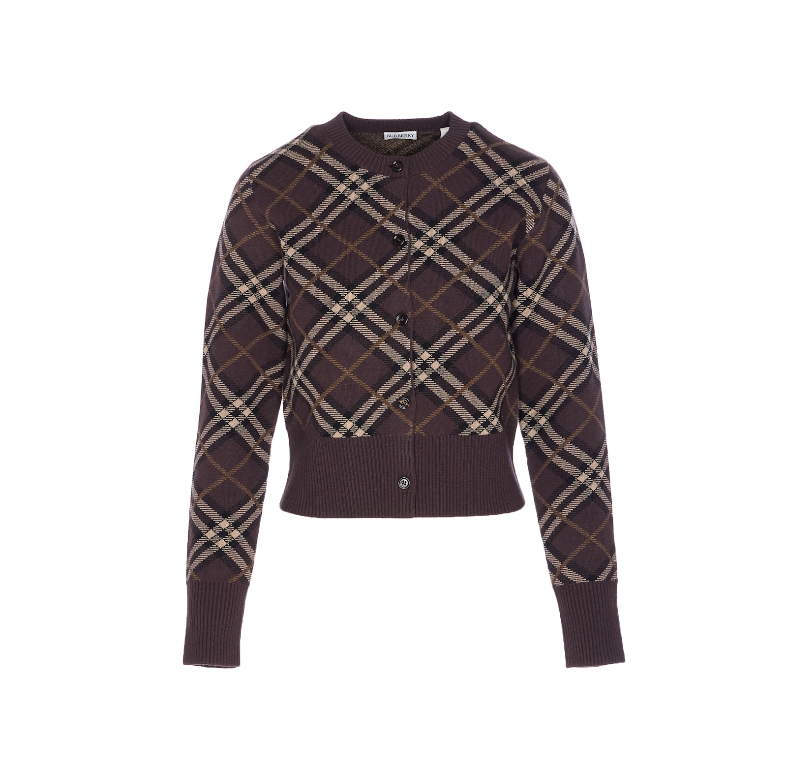 Burberry Long Sleeve Cardigan With Check Motif And Crewneck In Brown