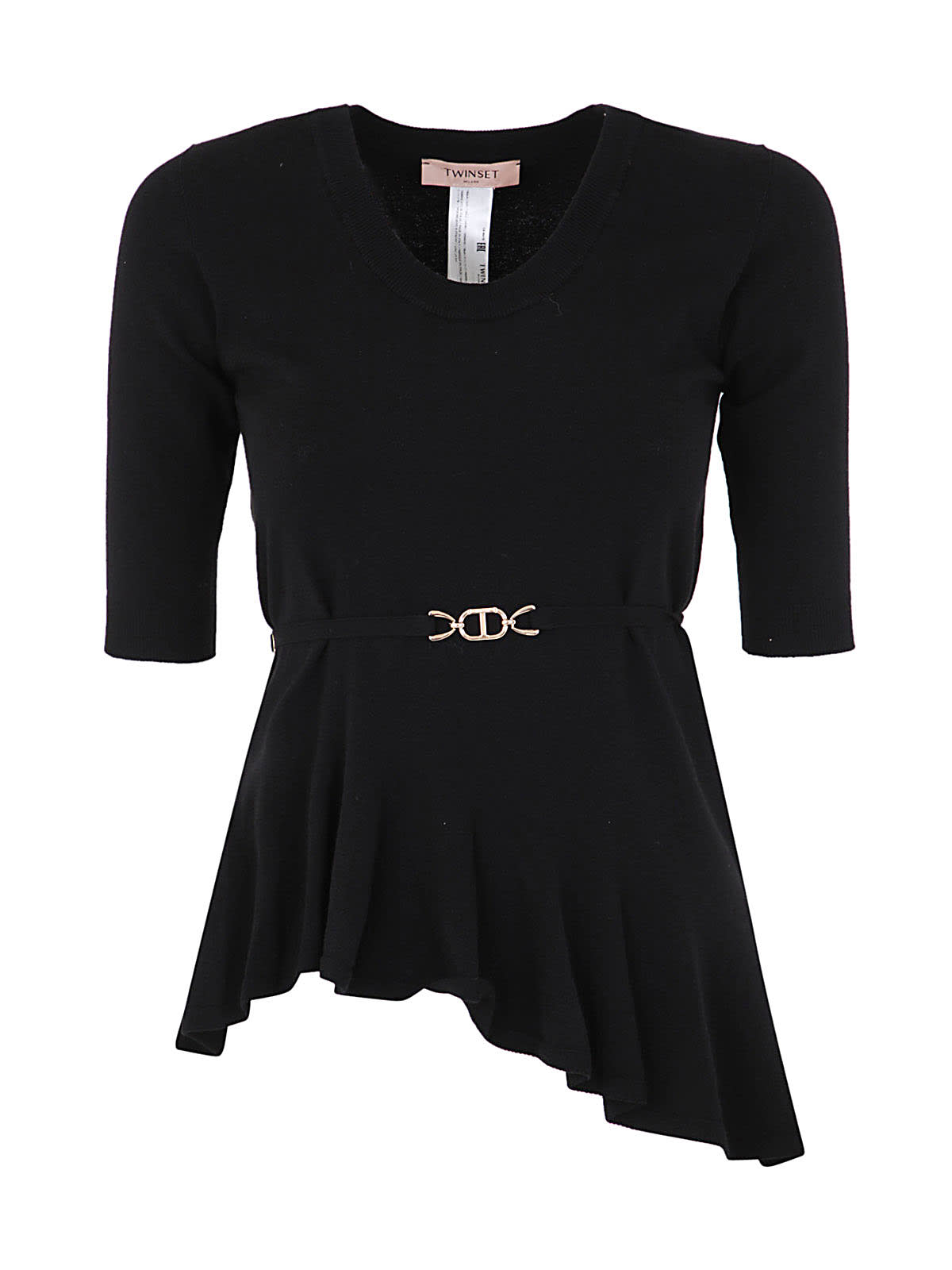 TWINSET 3/4 SLEEVES ASYMMETRICAL SWEATER WITH LOGO BELT