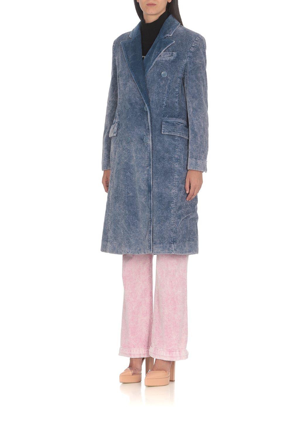 Shop Moschino Double-breasted Long-sleeved Corduroy Coat In Blue