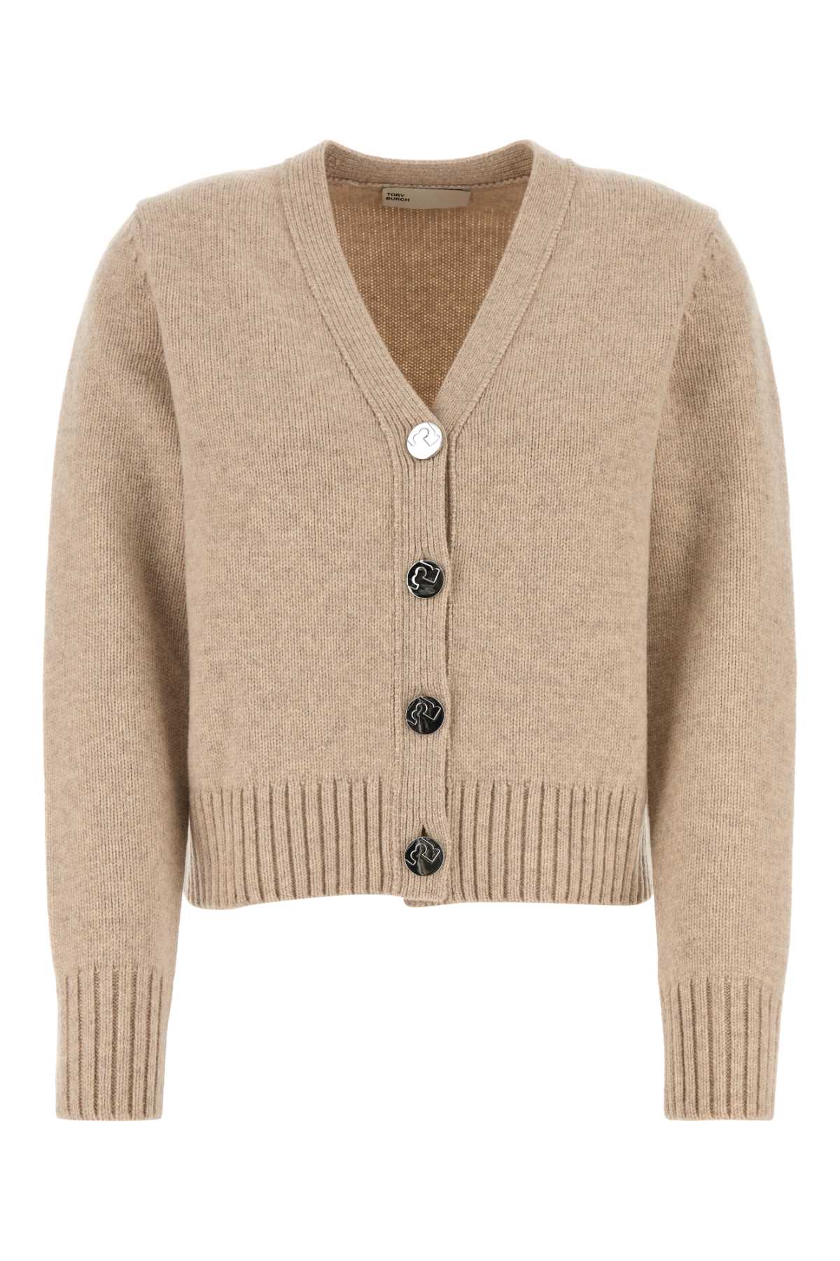 Shop Tory Burch Sand Wool Cardigan In Oatmealmélange