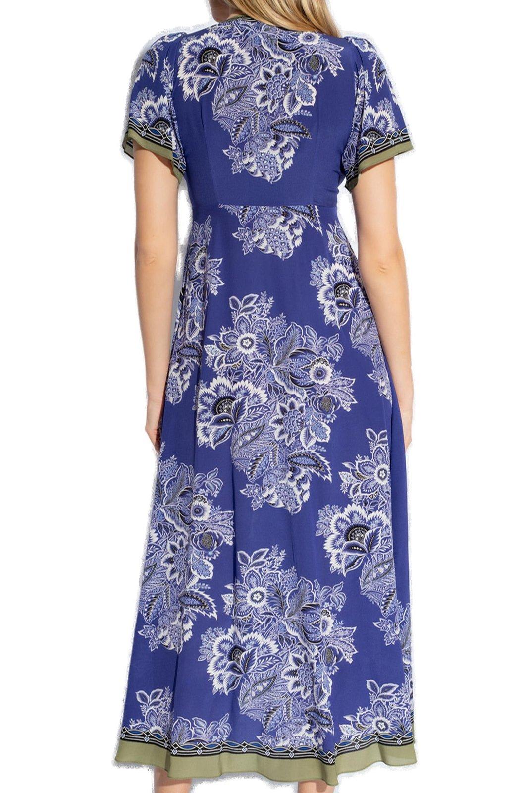 Shop Etro Floral Printed V-neck Midi Dress In Stampa Fdo Blu (purple)