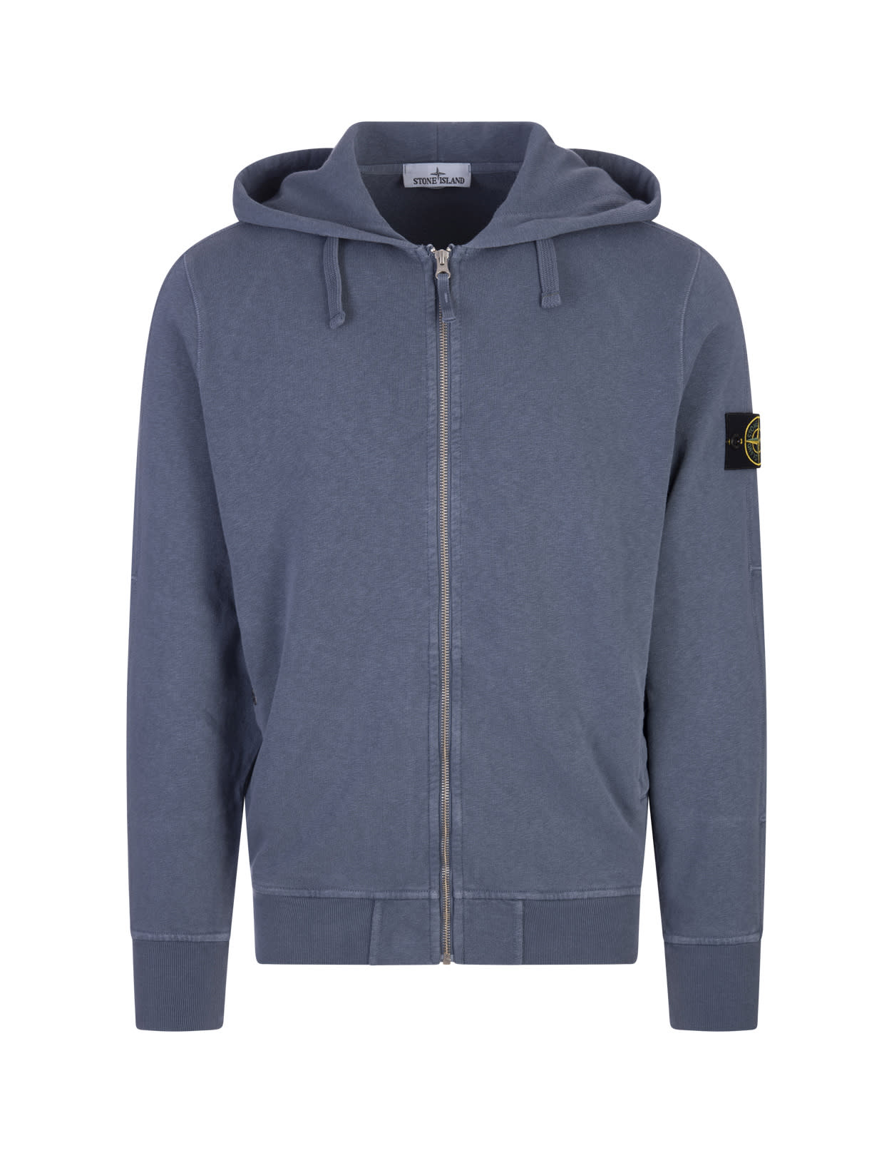Stone Island Avio Blue Zip-up Hoodie With Old Treatment