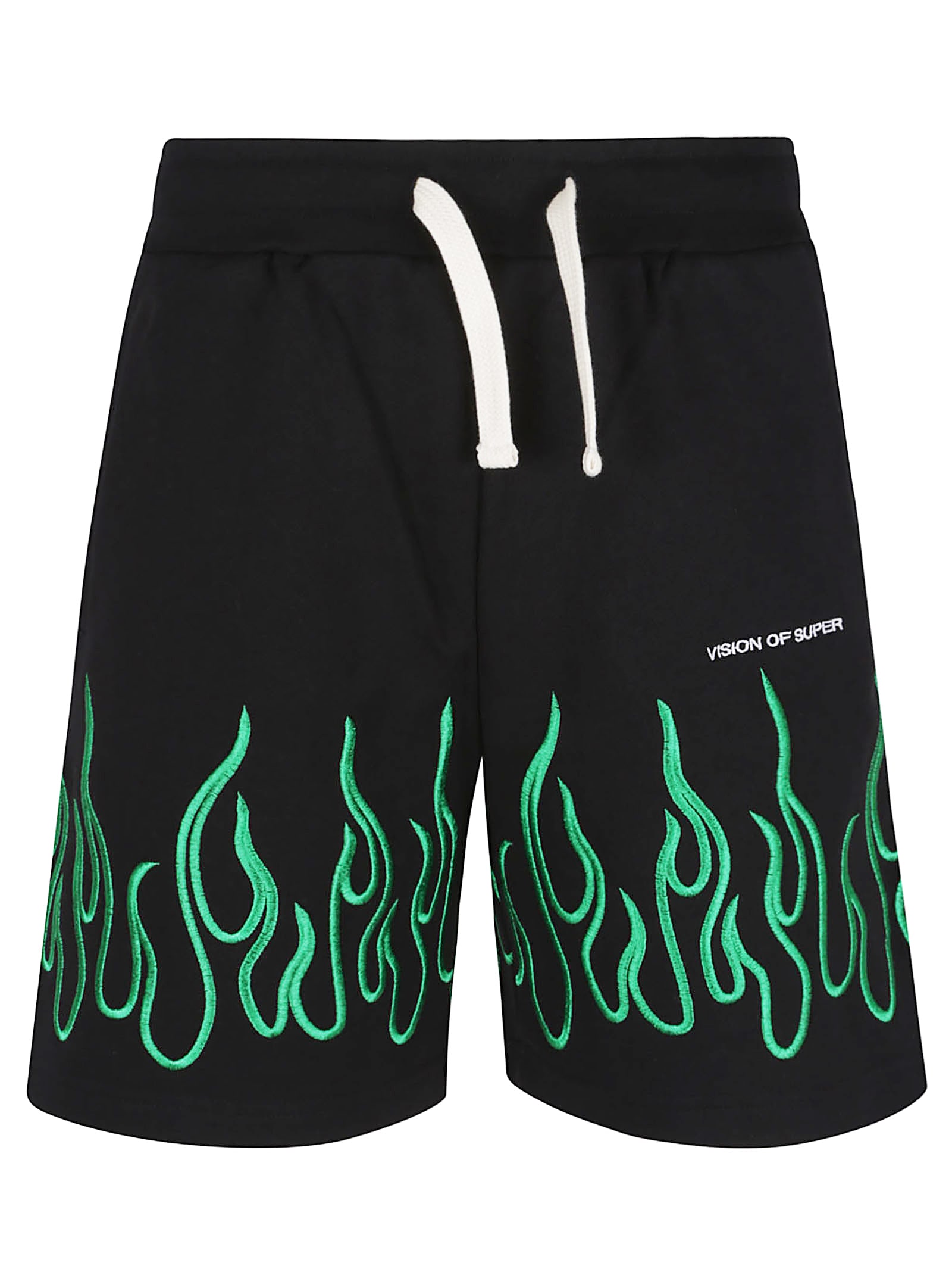 Black Shorts With Embroidered Green Flames, White Logo