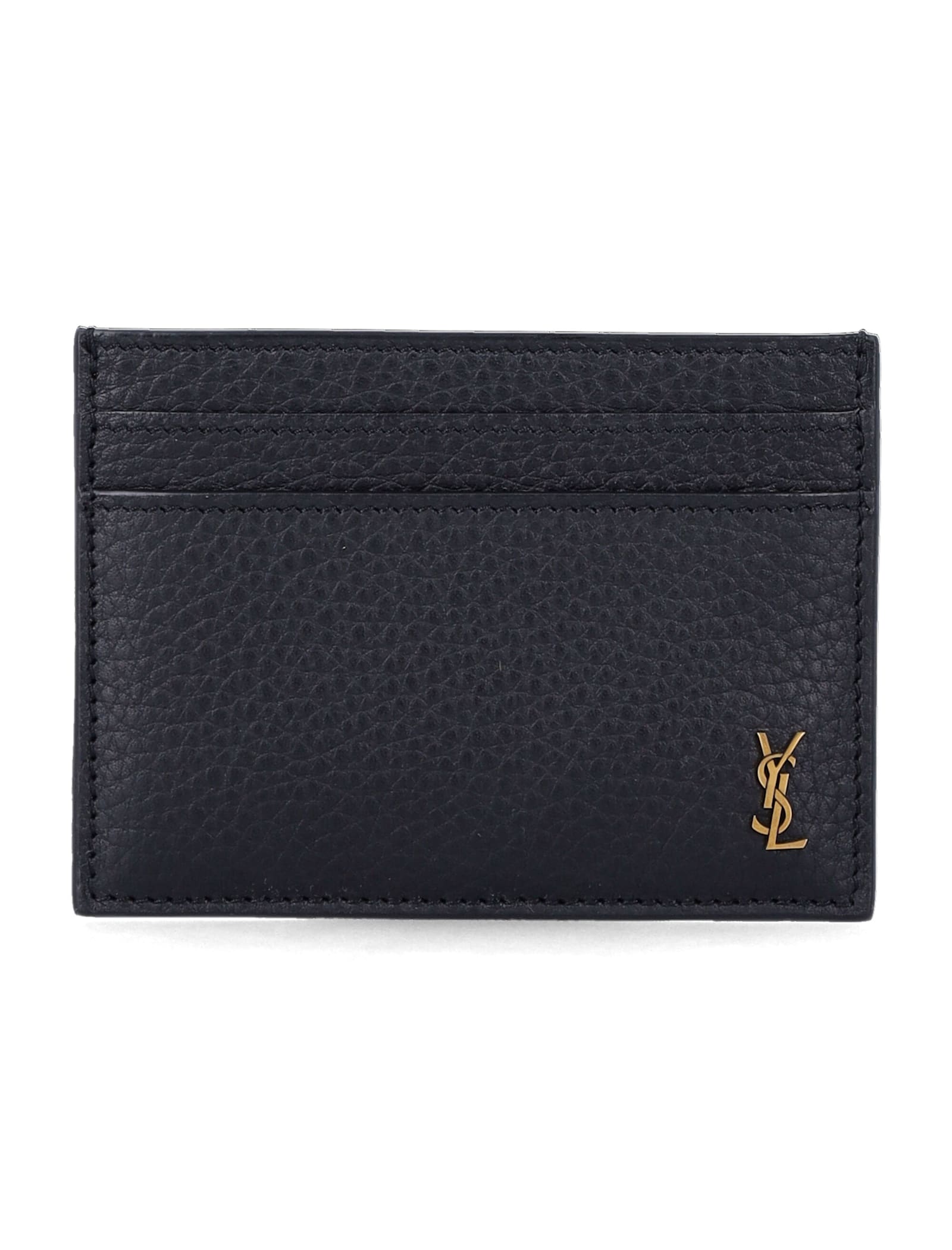 Saint Laurent Tiny Cassandre Card Case In Grained Leather In Black