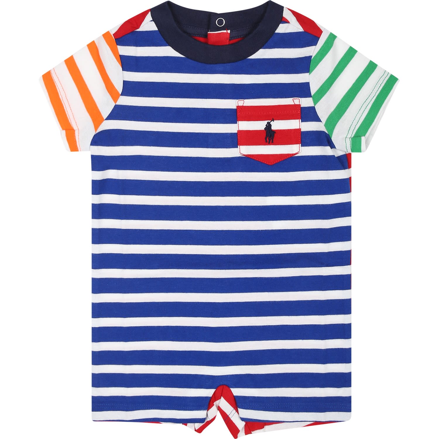 Ralph Lauren Blue Romper For Baby Boy With Pony In Multicolor