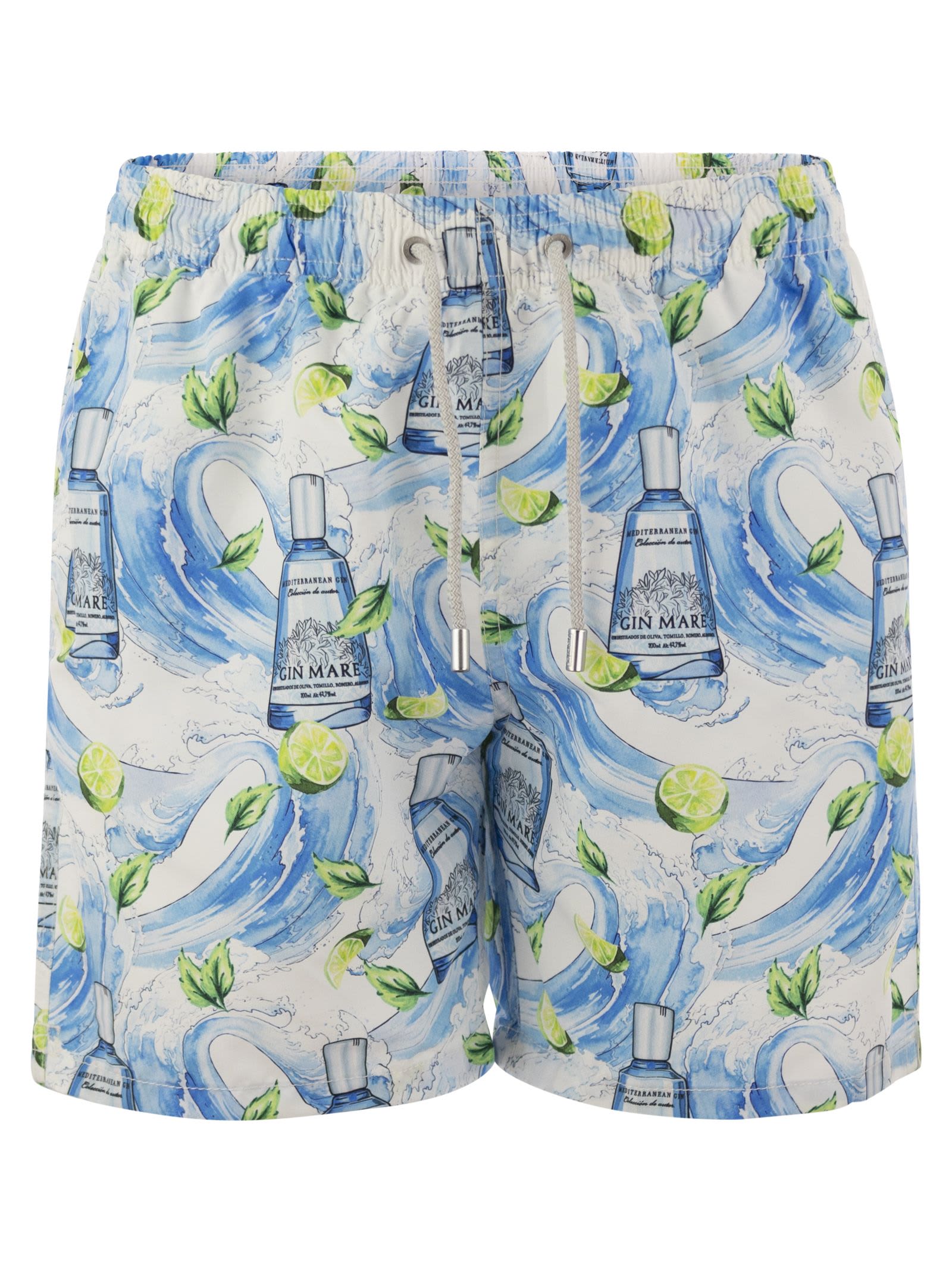 Shop Mc2 Saint Barth Gustavia Swimming Costume With Gin Mare Print Special Edition In Light Blue