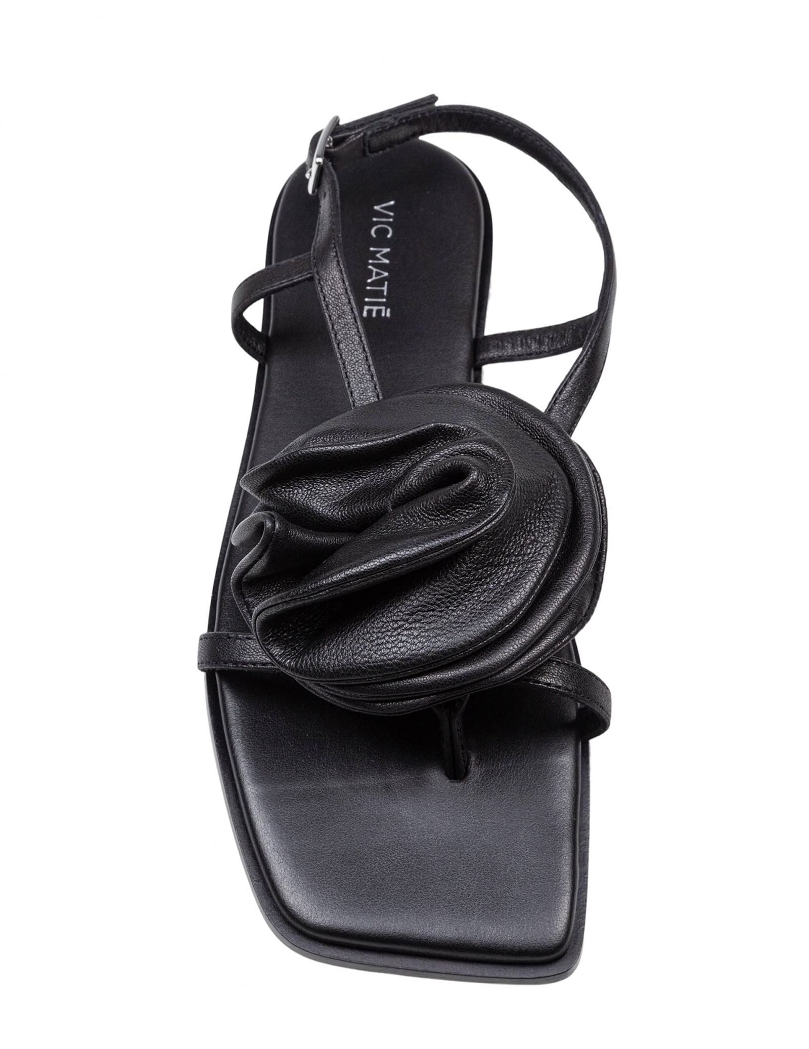 VIC MATIE SQUARE OPEN SANDAL IN LEATHER WITH APPLIED FLOWER COLOR BLACK