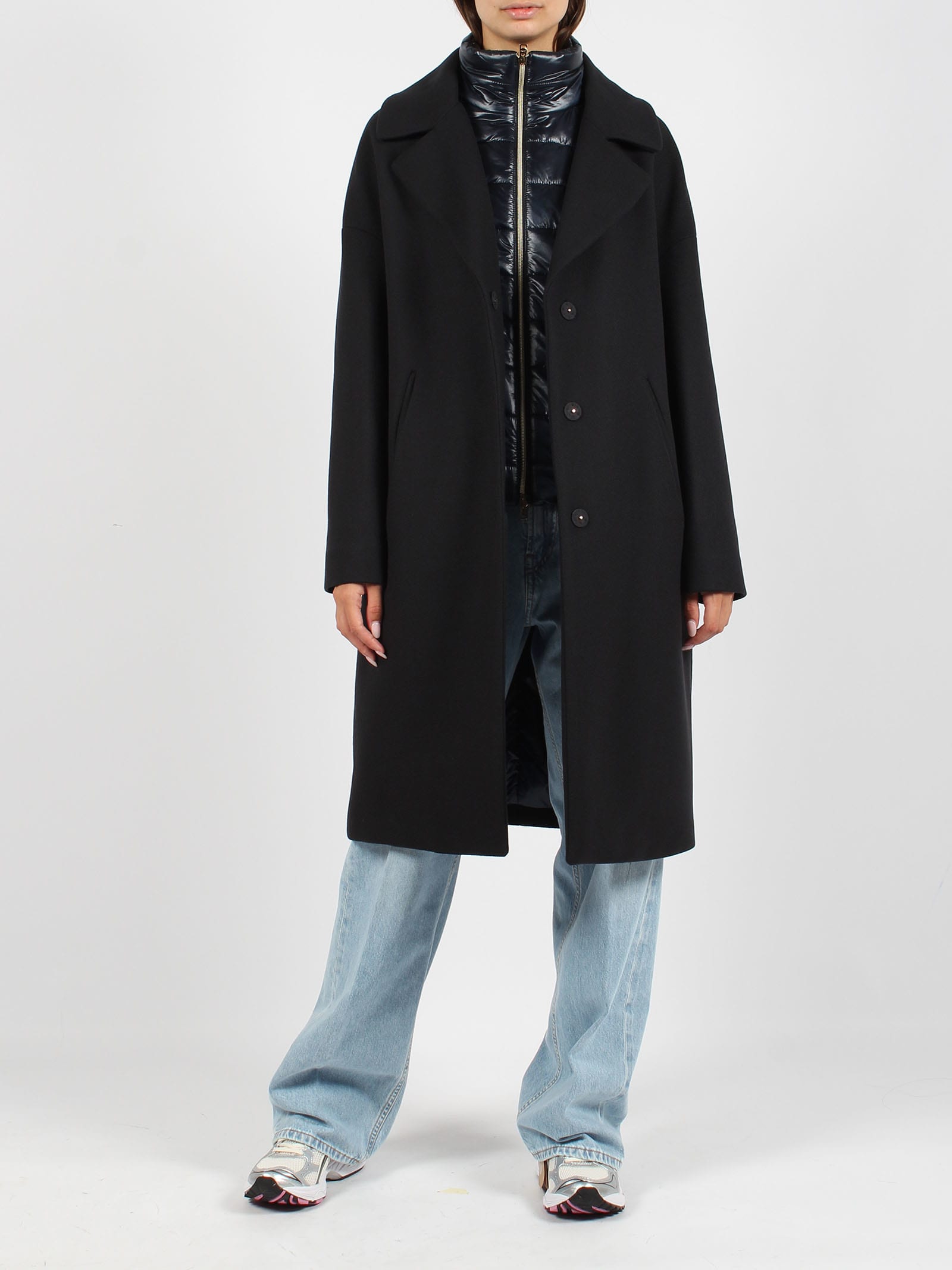 Herno Black Padded Single-breasted Coat In Mixed Of Tech Materials Woman In Blue