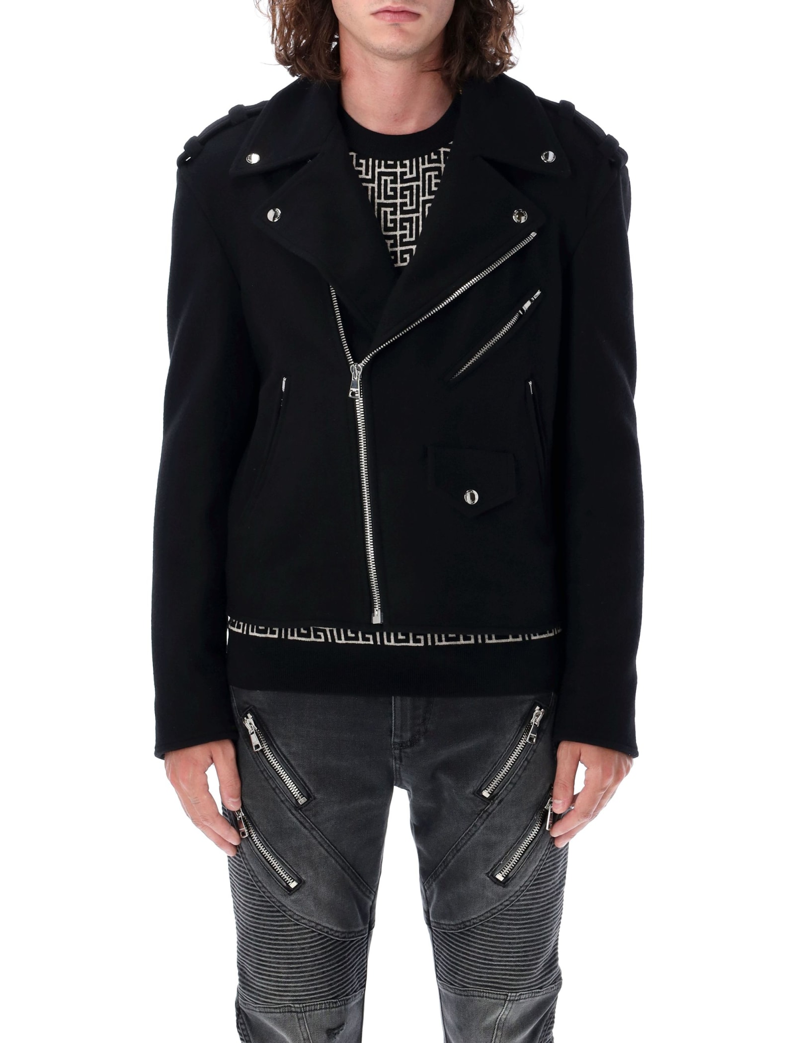 Shop Balmain Biker Wool In Nero