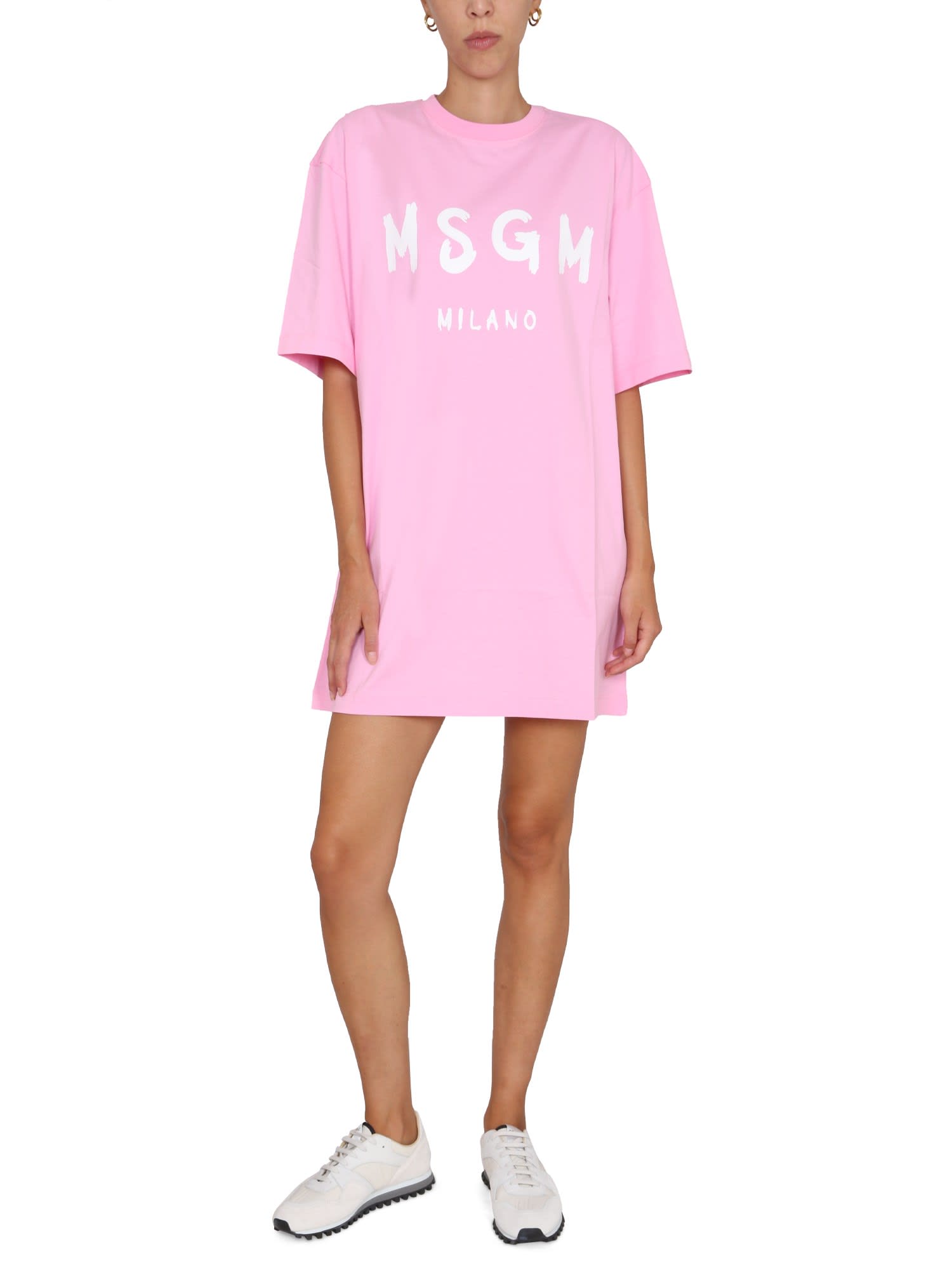 Msgm Logo-print Cotton T-shirt Dress In Pink