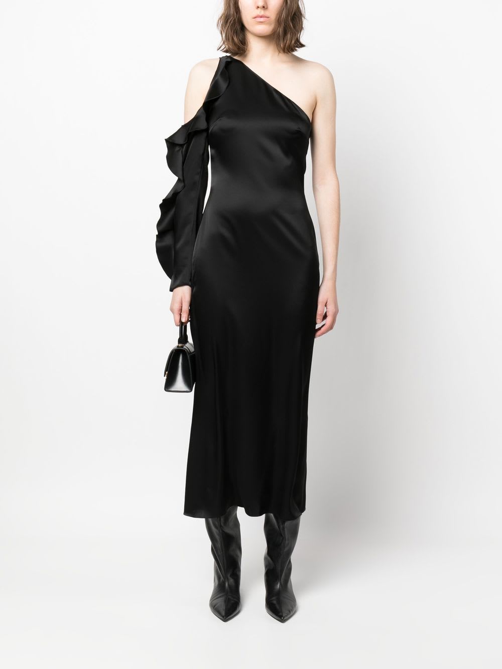 David Koma One Shoulder Midi Dress With Ruffle Detail In Black