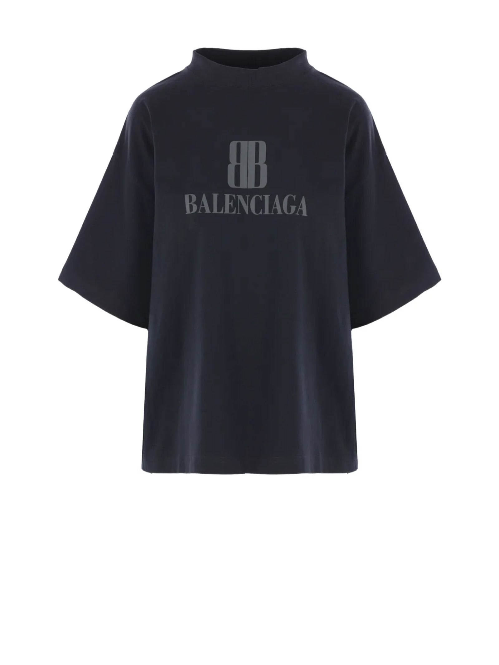 Balenciaga Faded Black T-shirt With Central Print And Wide Fit. In Black