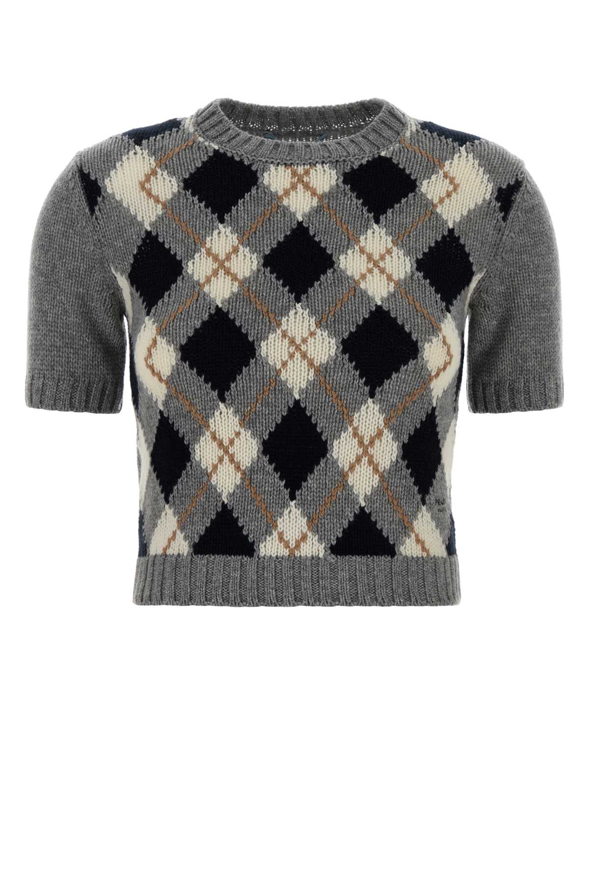 Prada Cashmere Sweater With Argyle Pattern And Ribbed Hem In Gray