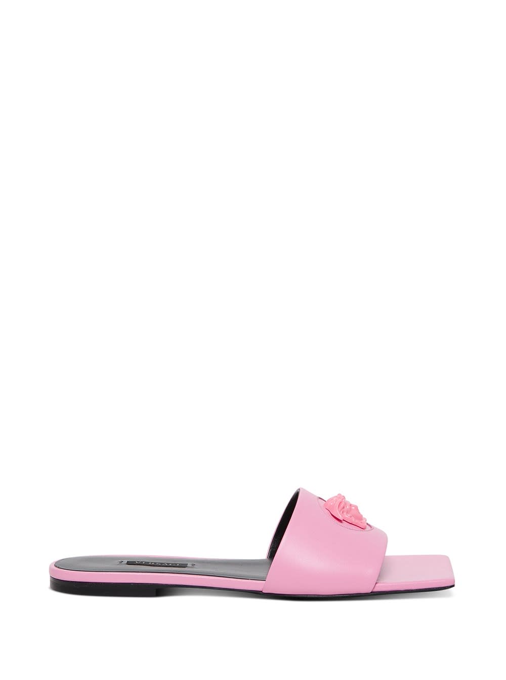 Buy Versace Pink Leather Mules With Medusa Logo online, shop Versace shoes with free shipping