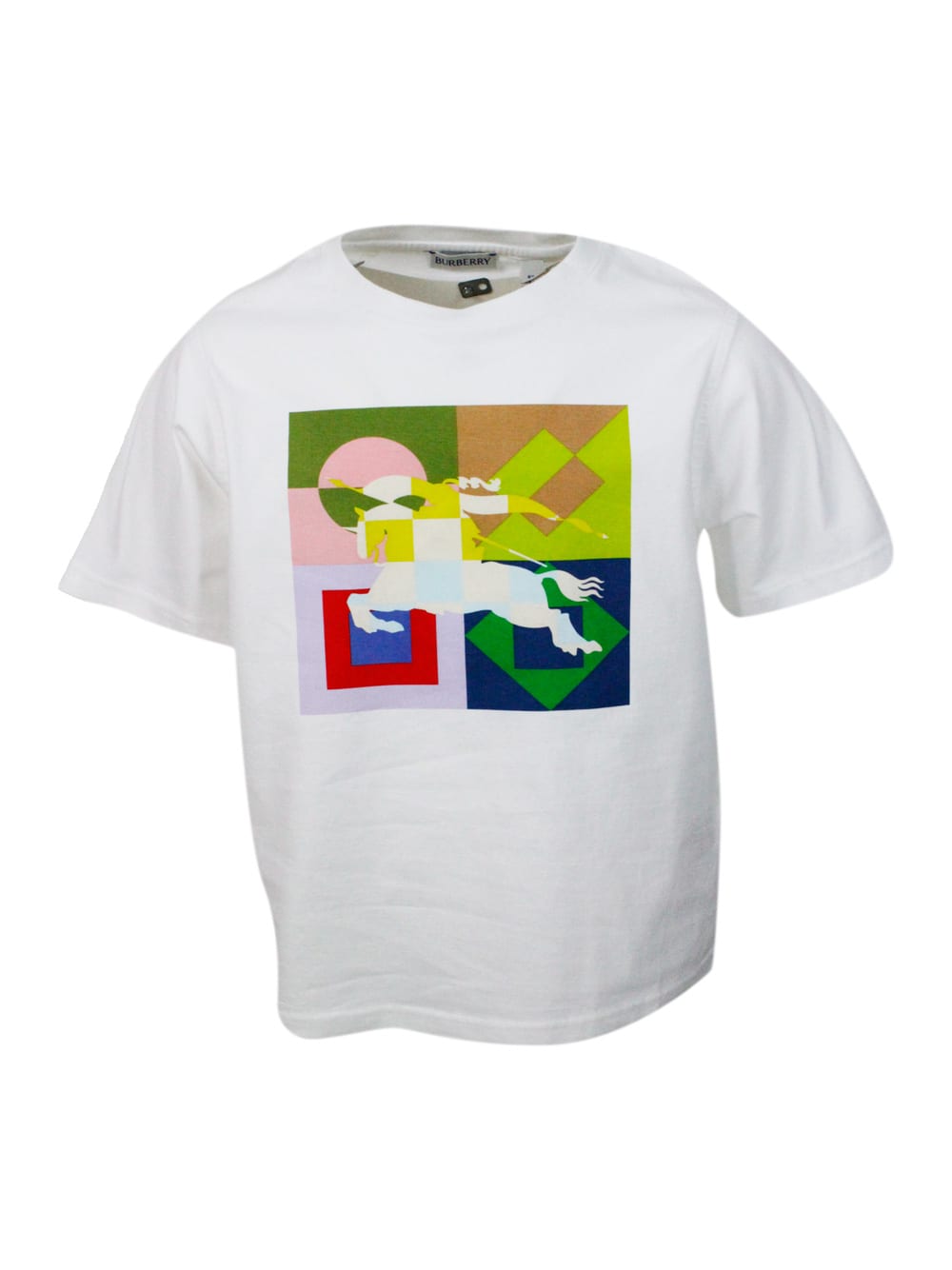 Burberry Short-sleeved Crew-neck T-shirt In Soft Cotton With An Equestrian Knight Print On A Geometric Patter In White