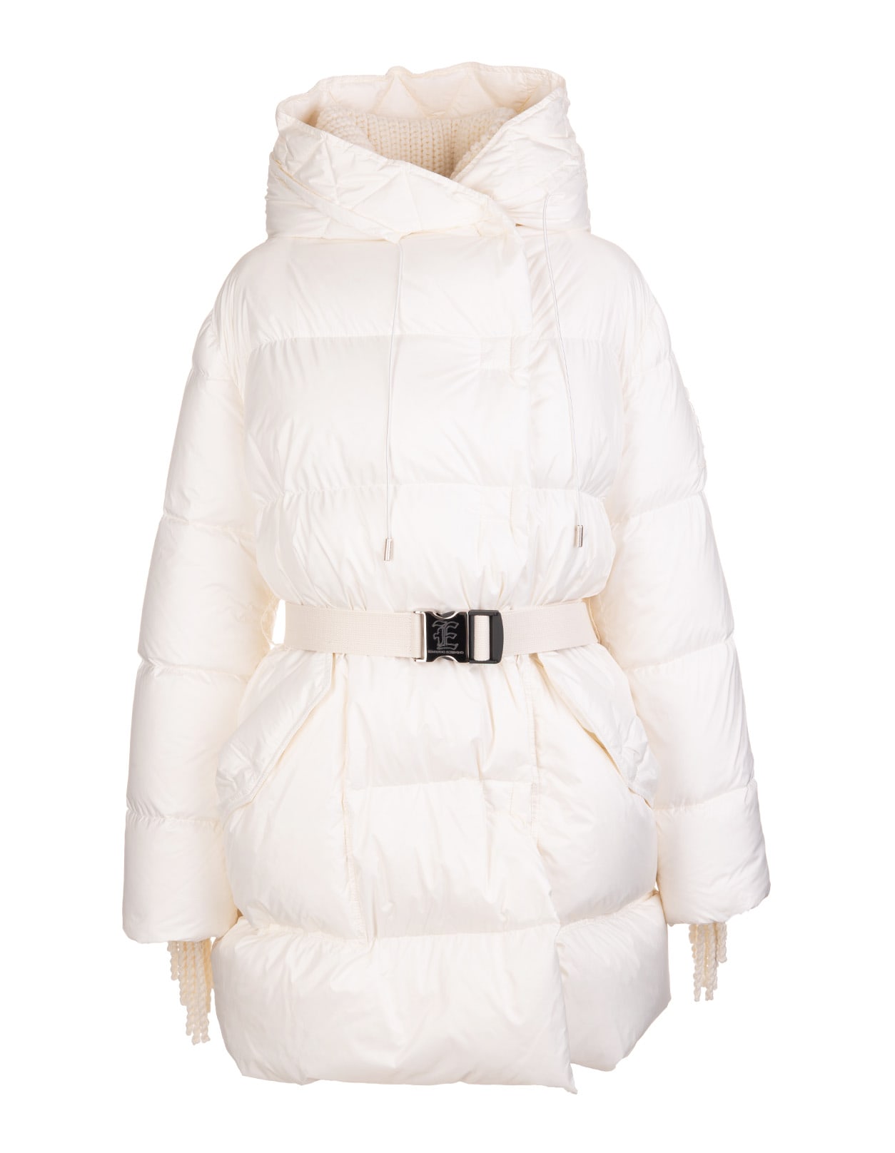 Ermanno Scervino White Down Jacket With Belt And Sleeve With Concealed Fringes