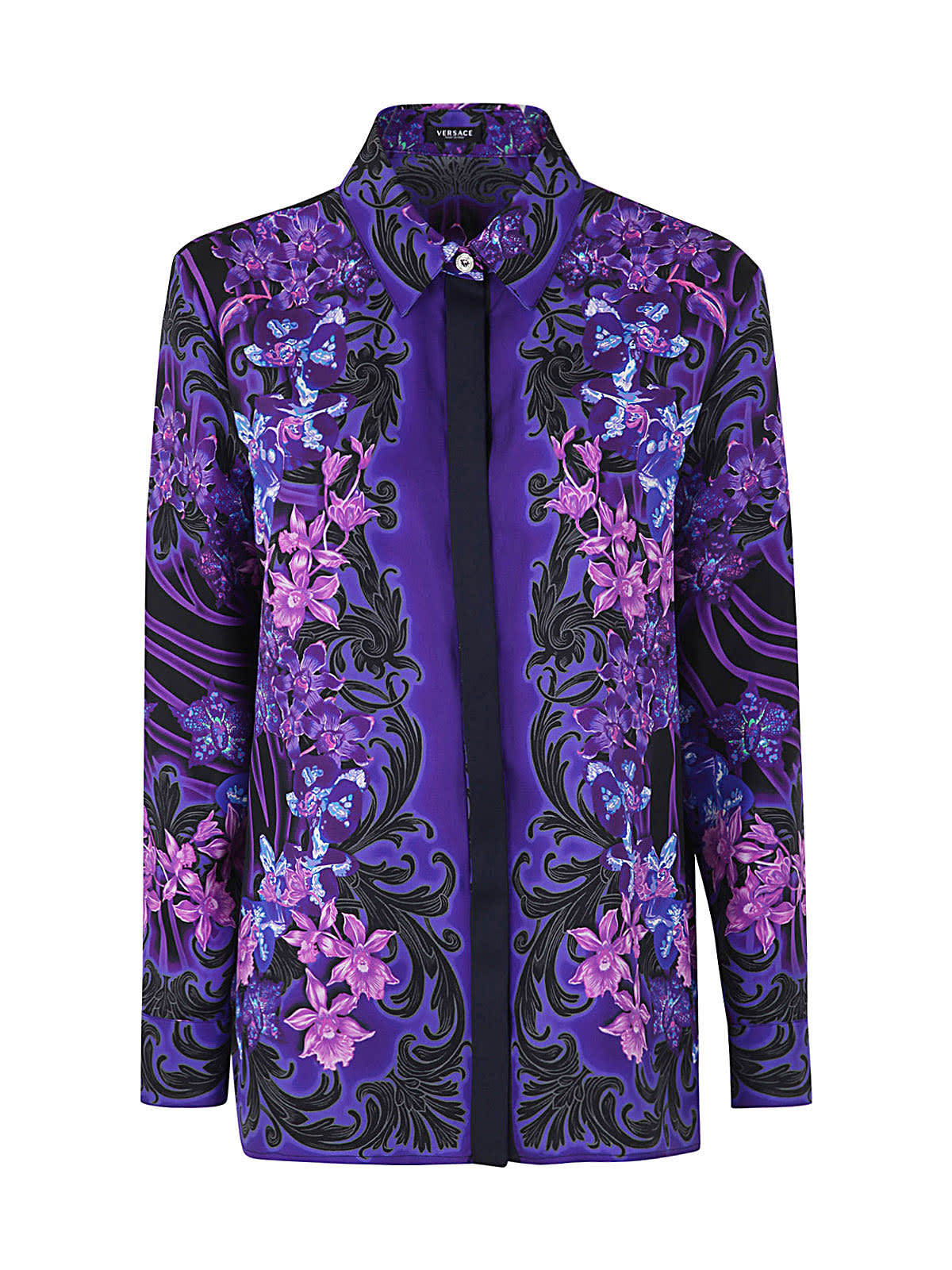 Versace Silk Twill Orchids Print Formal Shirt