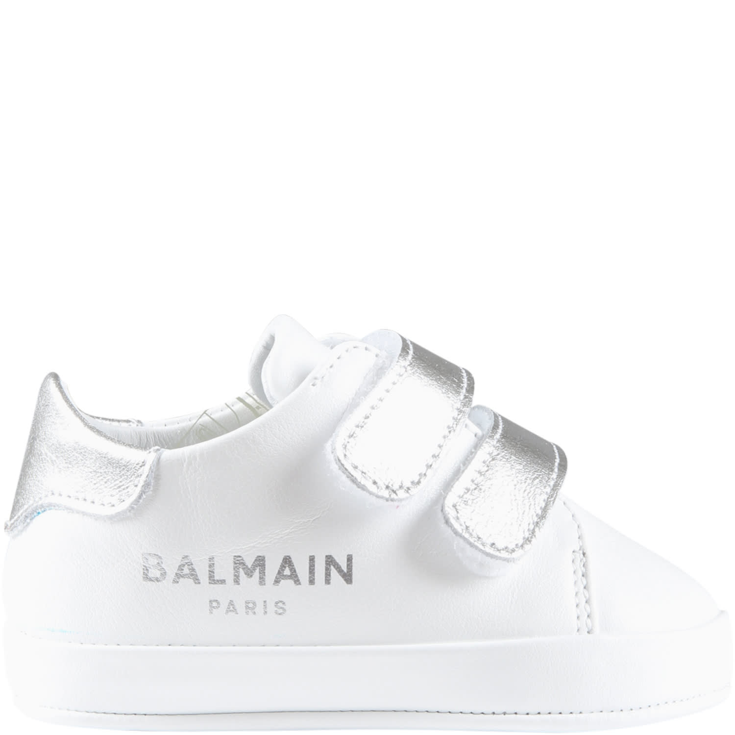 Balmain White Sneakers For Babies With Silver Logo