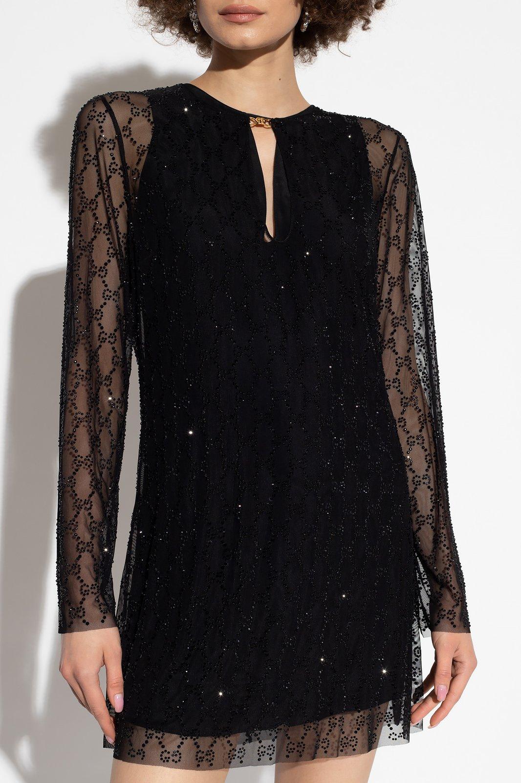 Shop Gucci V-slit Bejewelled Dress In Black