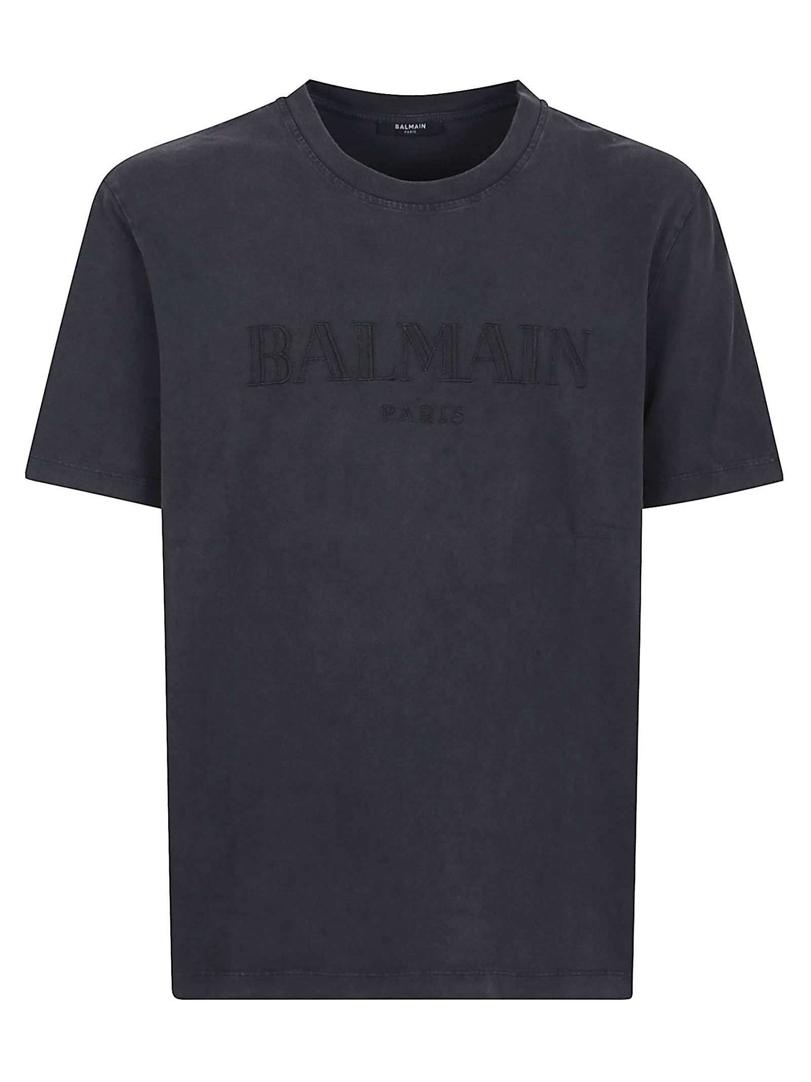 Balmain Round Neck Vintage Embroidered T-shirt With Unique Pigment-dyed Finish In Gray