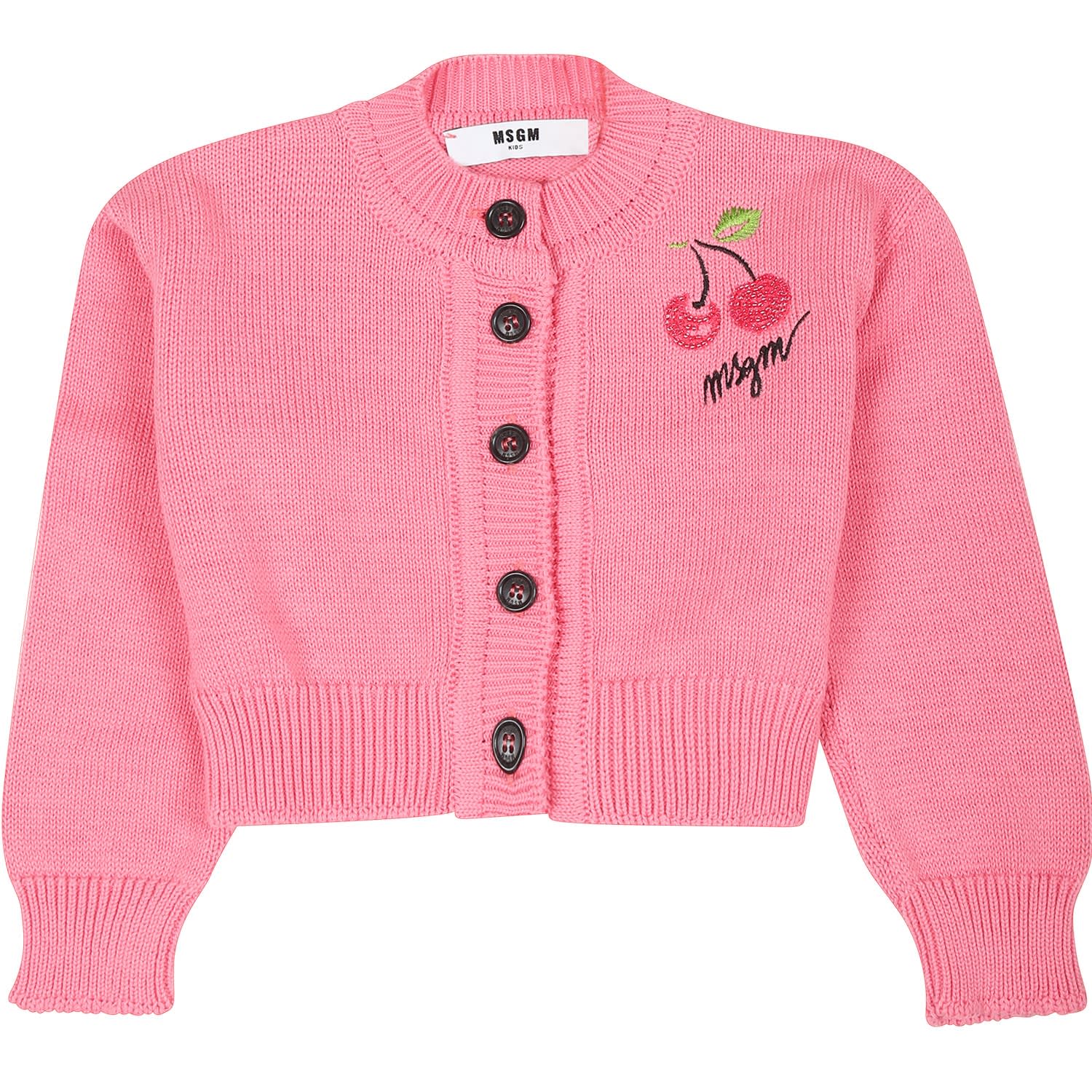 Shop Msgm Pink Cardigan For Baby Girl With Cherry