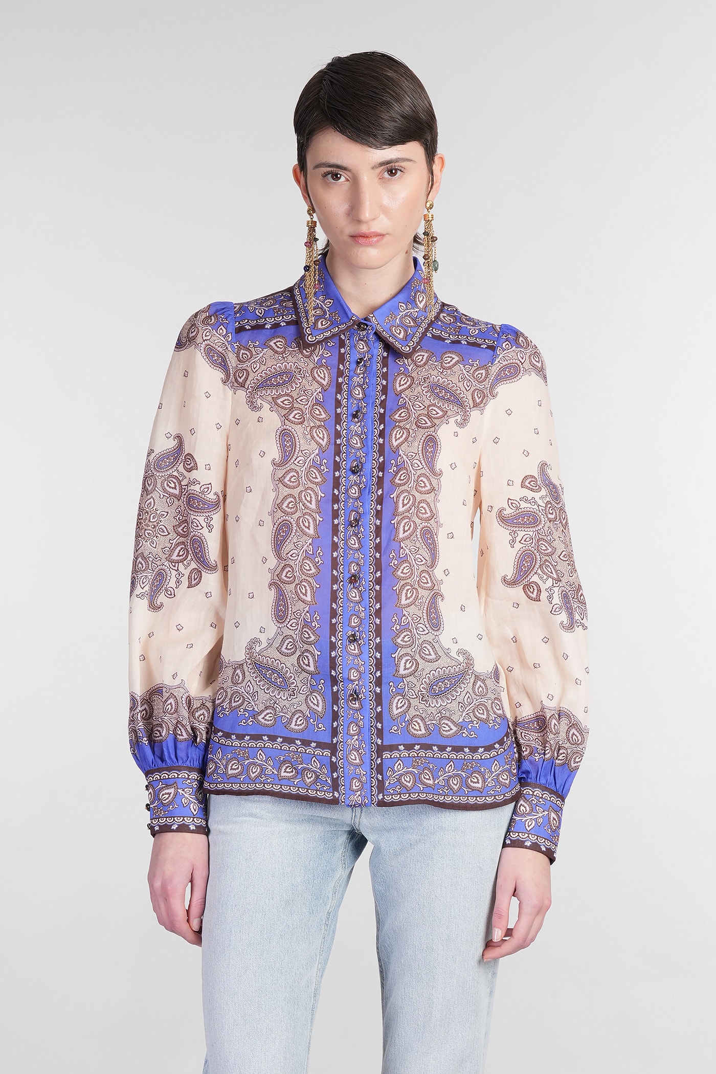 Zimmermann Maxine Paisley Blouson Sleeve Ramie Button-up Shirt In Beige