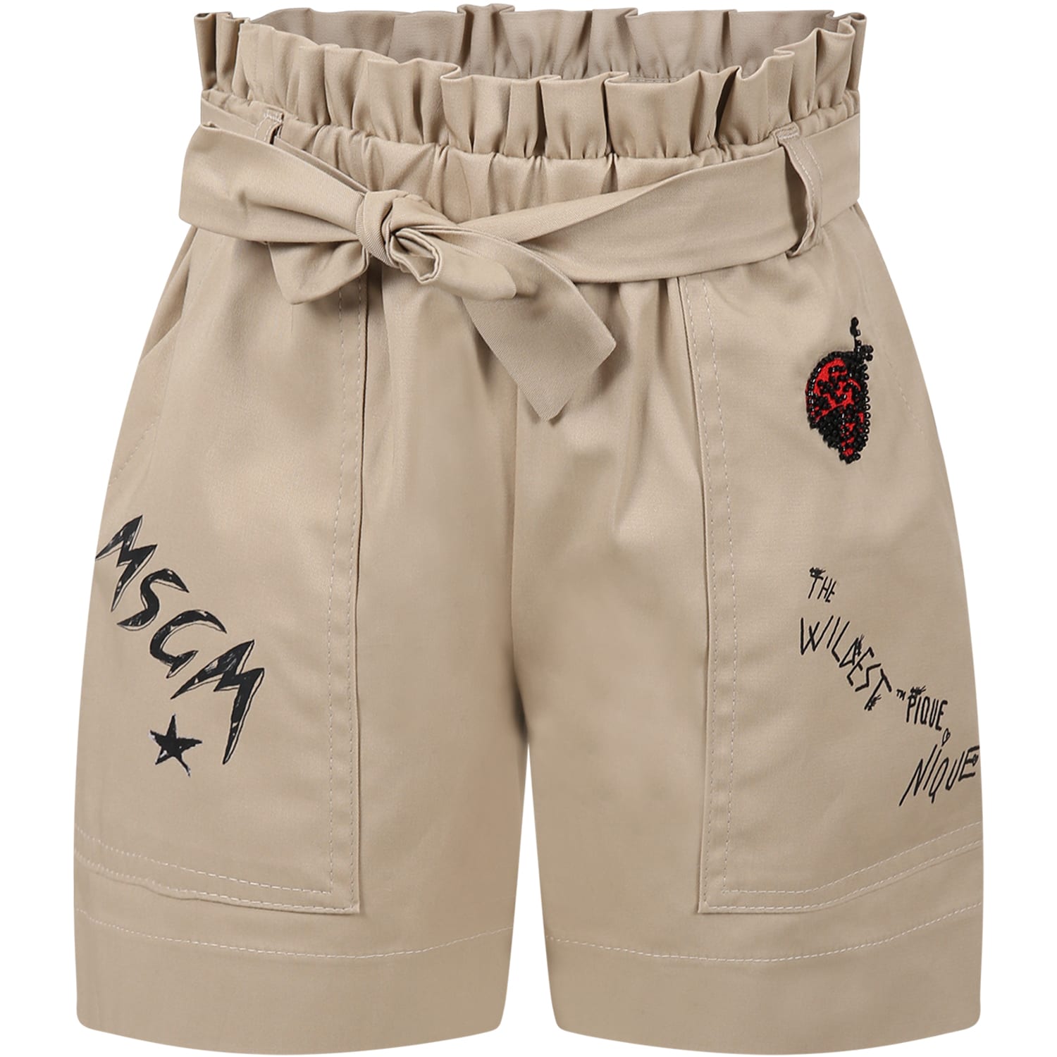 Msgm Kids' Beige Shorts For Girl With Multicolor Print And Logo