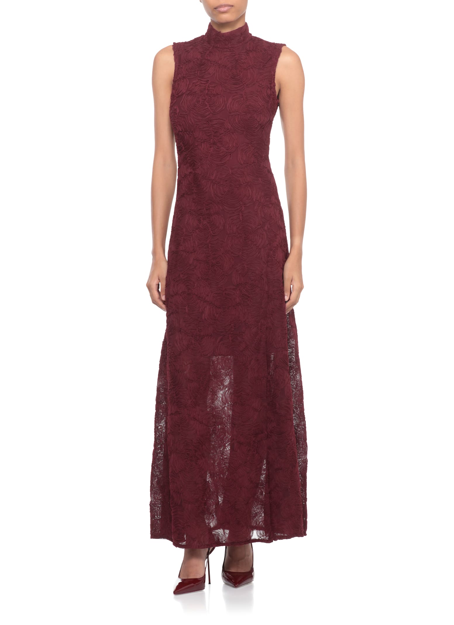 Rotate Birger Christensen Flared Tulle Dress With Intricate Rose Detailing In Burgundy